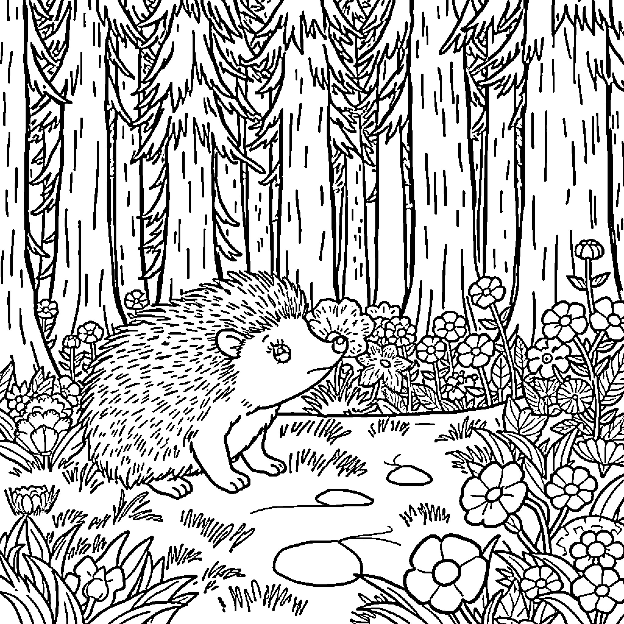 Hedgehog exploring the forest with flowers Coloring Page (free black-and-white line drawing printable PDF for all, from beginners to advanced learners, including children, teens, adults, and seniors)