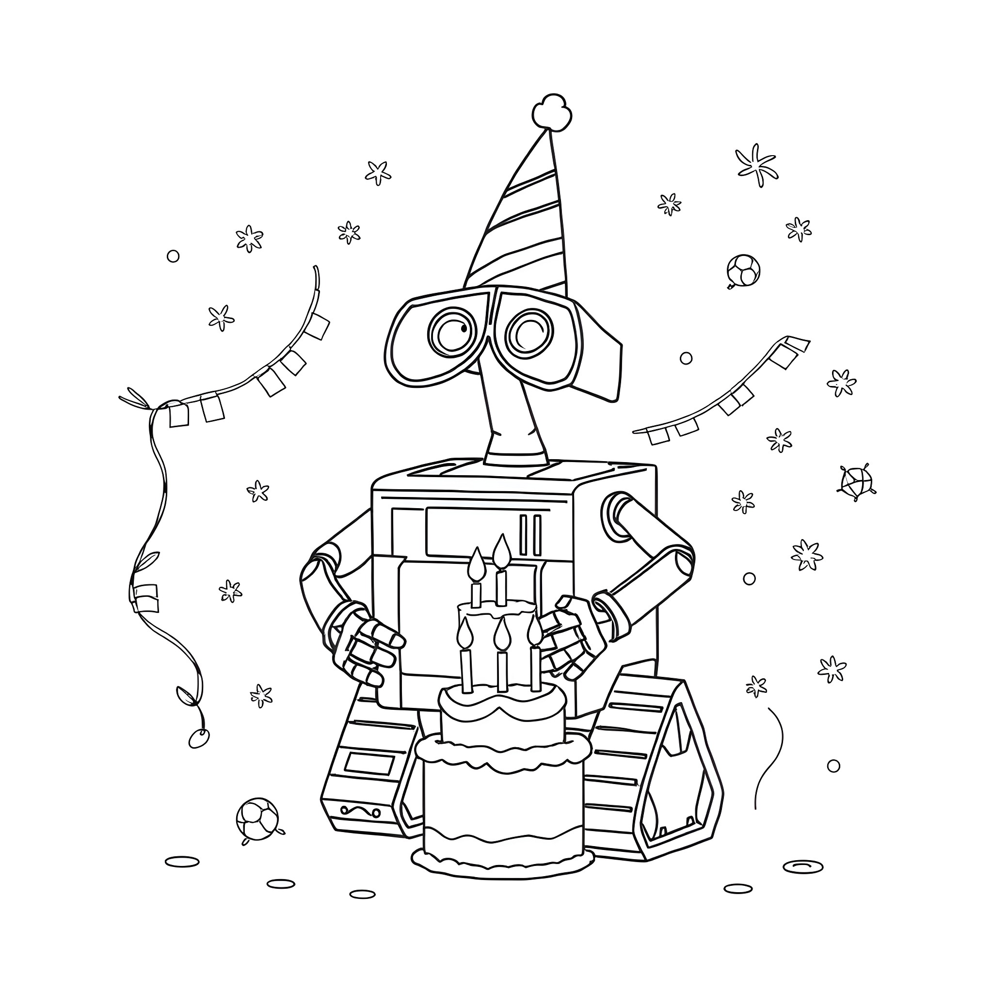 Wall-E celebrating birthday with cake and party decorations Coloring Page (free black-and-white line drawing printable PDF for all, from beginners to advanced learners, including children, teens, adults, and seniors)