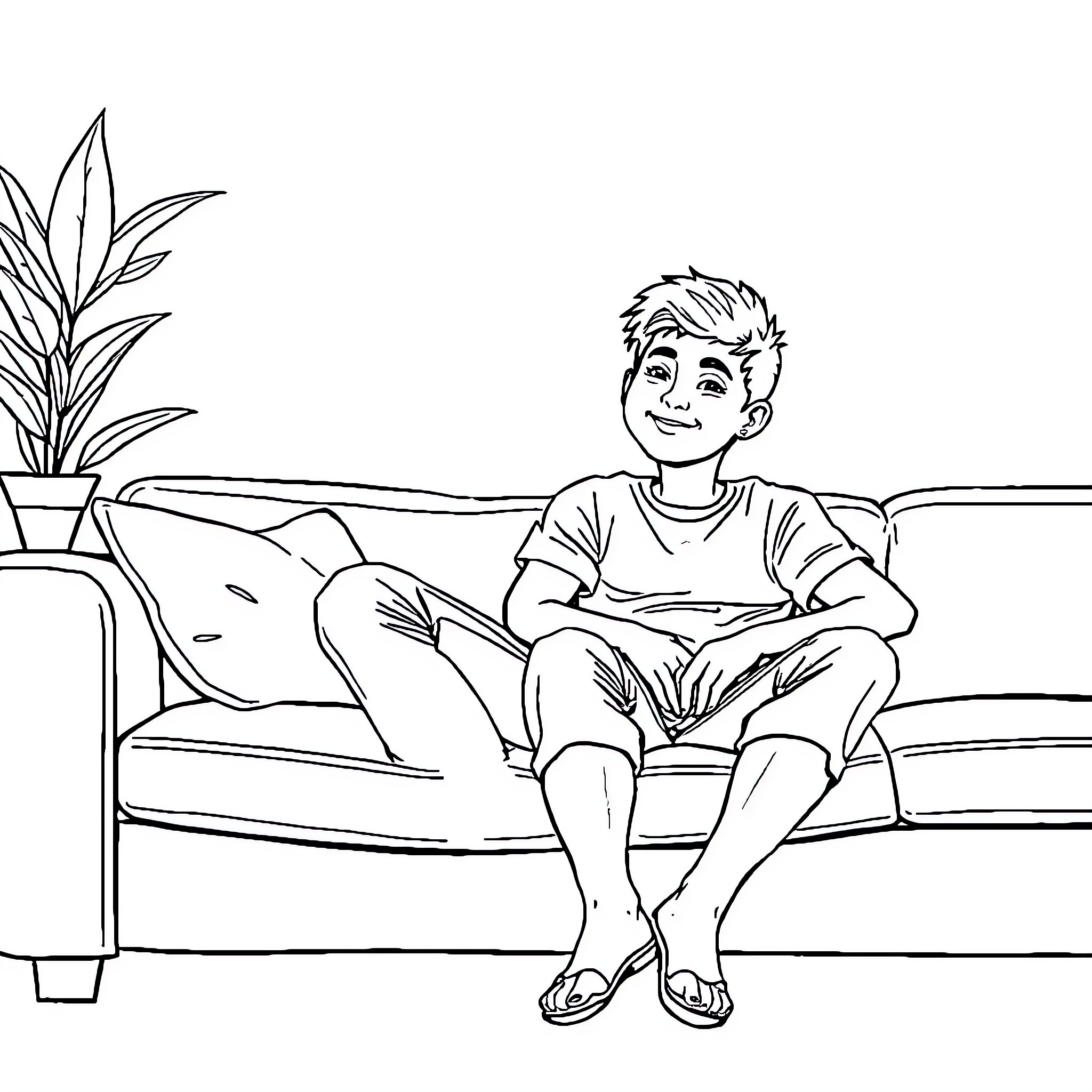 Cousin relaxing comfortably on couch Coloring Page (free black-and-white line drawing printable PDF for all, from beginners to advanced learners, including children, teens, adults, and seniors)