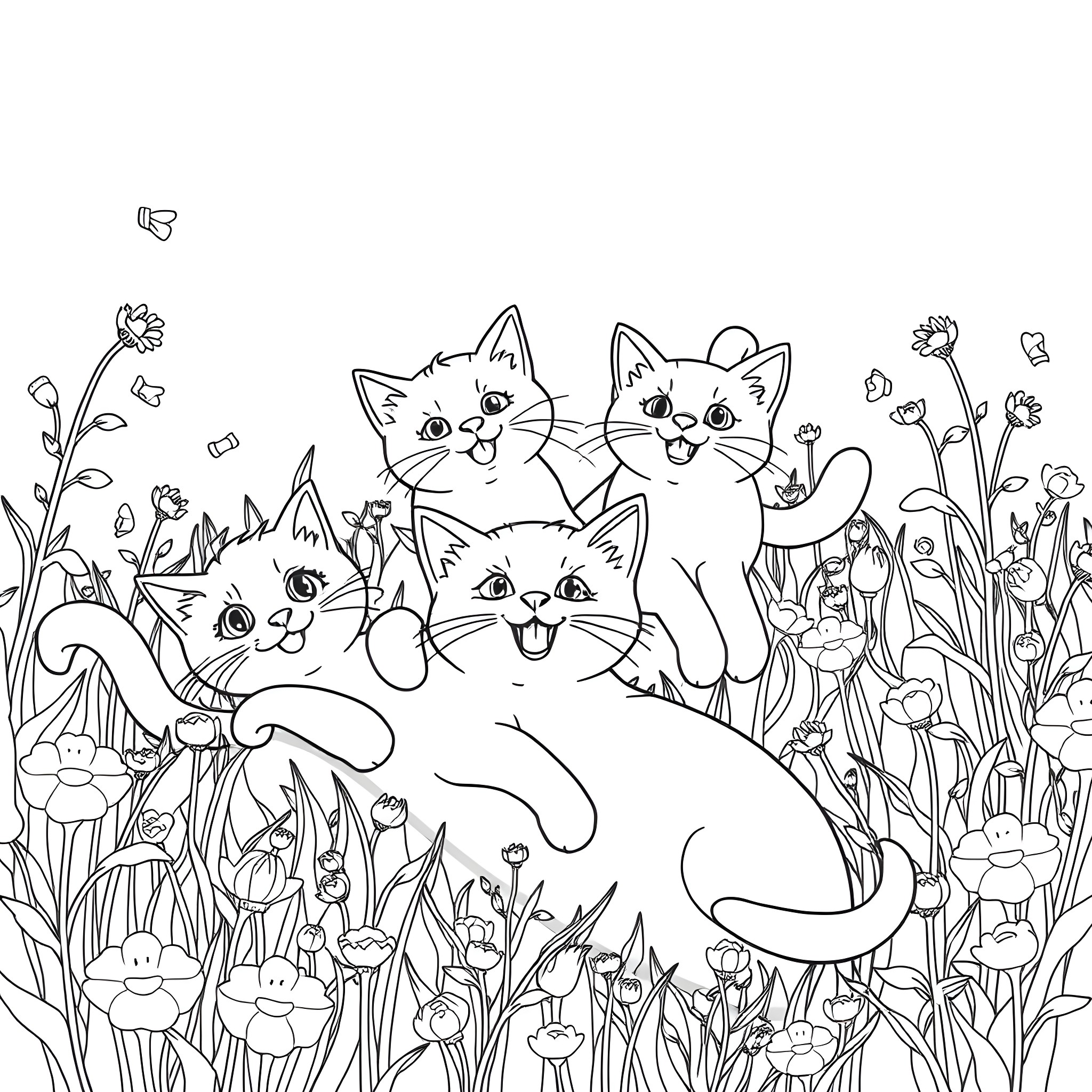 Cats playing in a floral garden Coloring Page (free black-and-white line drawing printable PDF for all, from beginners to advanced learners, including children, teens, adults, and seniors)