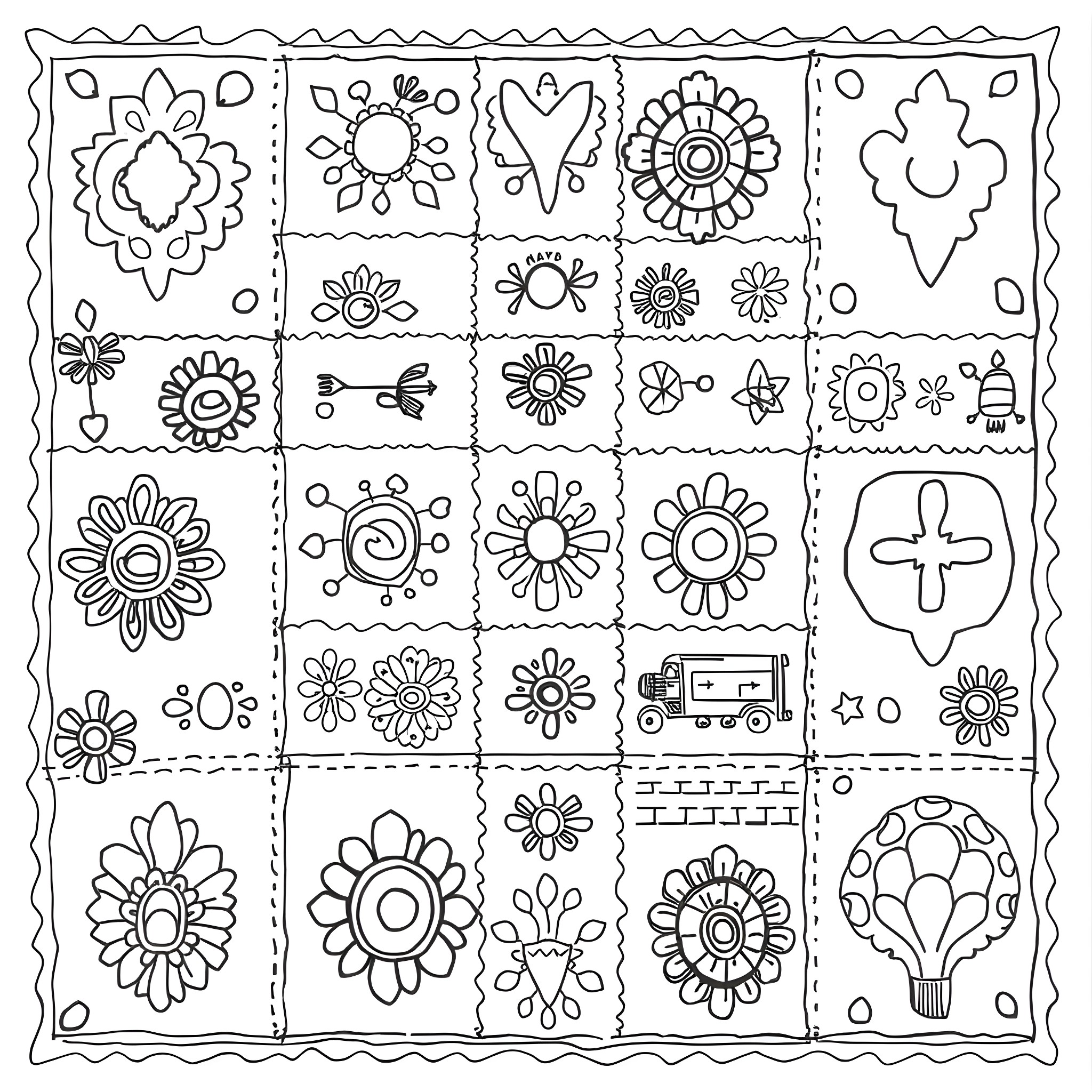 Patchwork of Whimsical Floral Designs Coloring Page (free black-and-white line drawing printable PDF for all, from beginners to advanced learners, including children, teens, adults, and seniors)