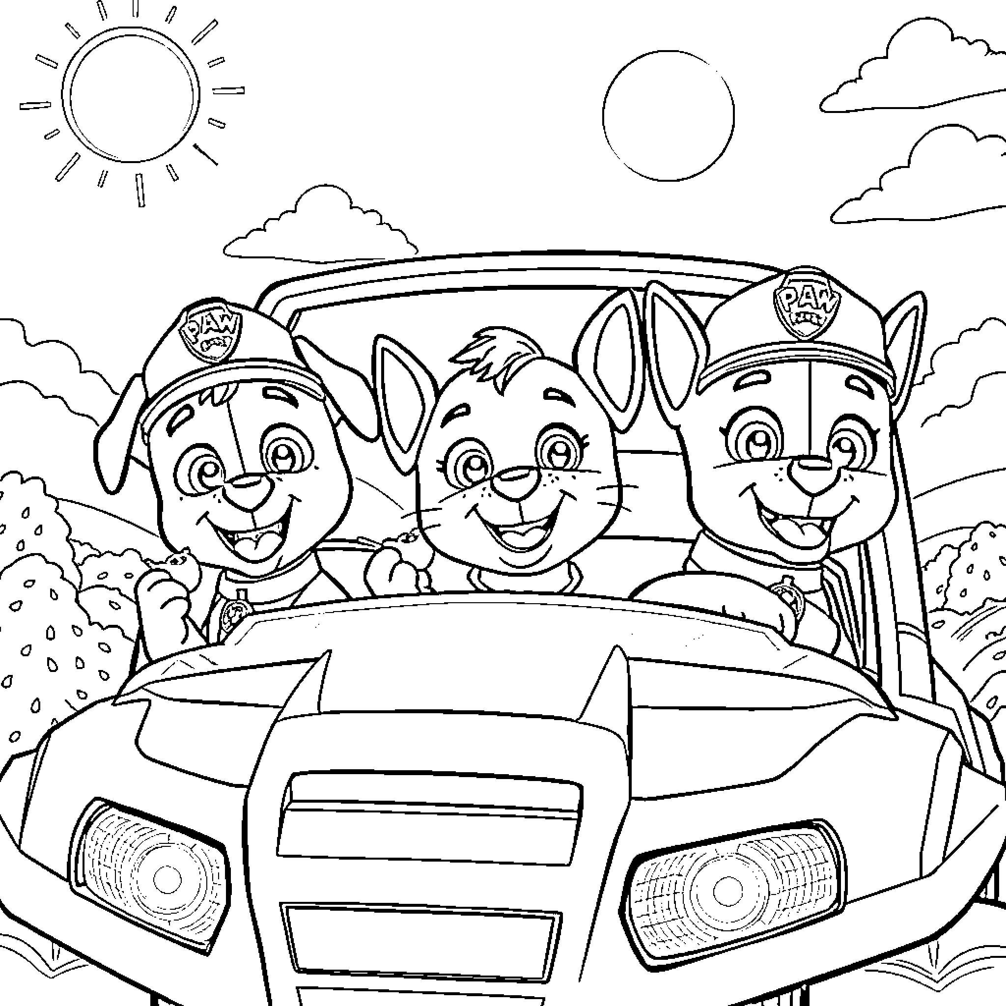 Paw Patrol Puppies on Exciting Patrol in Truck Coloring Page (free black-and-white line drawing printable PDF for all, from beginners to advanced learners, including children, teens, adults, and seniors)