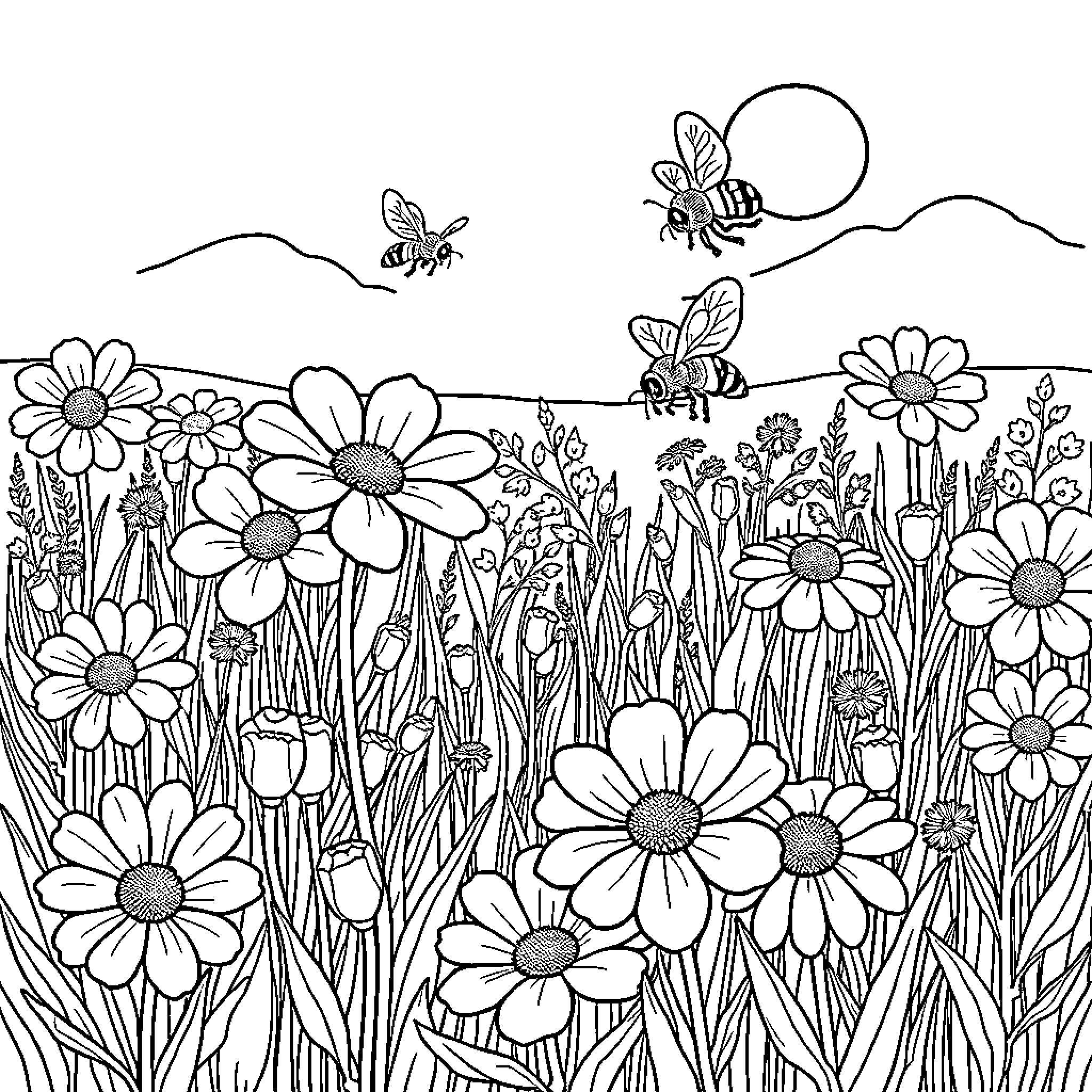 Flower Garden Teeming with Buzzing Bees Coloring Page (free black-and-white line drawing printable PDF for all, from beginners to advanced learners, including children, teens, adults, and seniors)