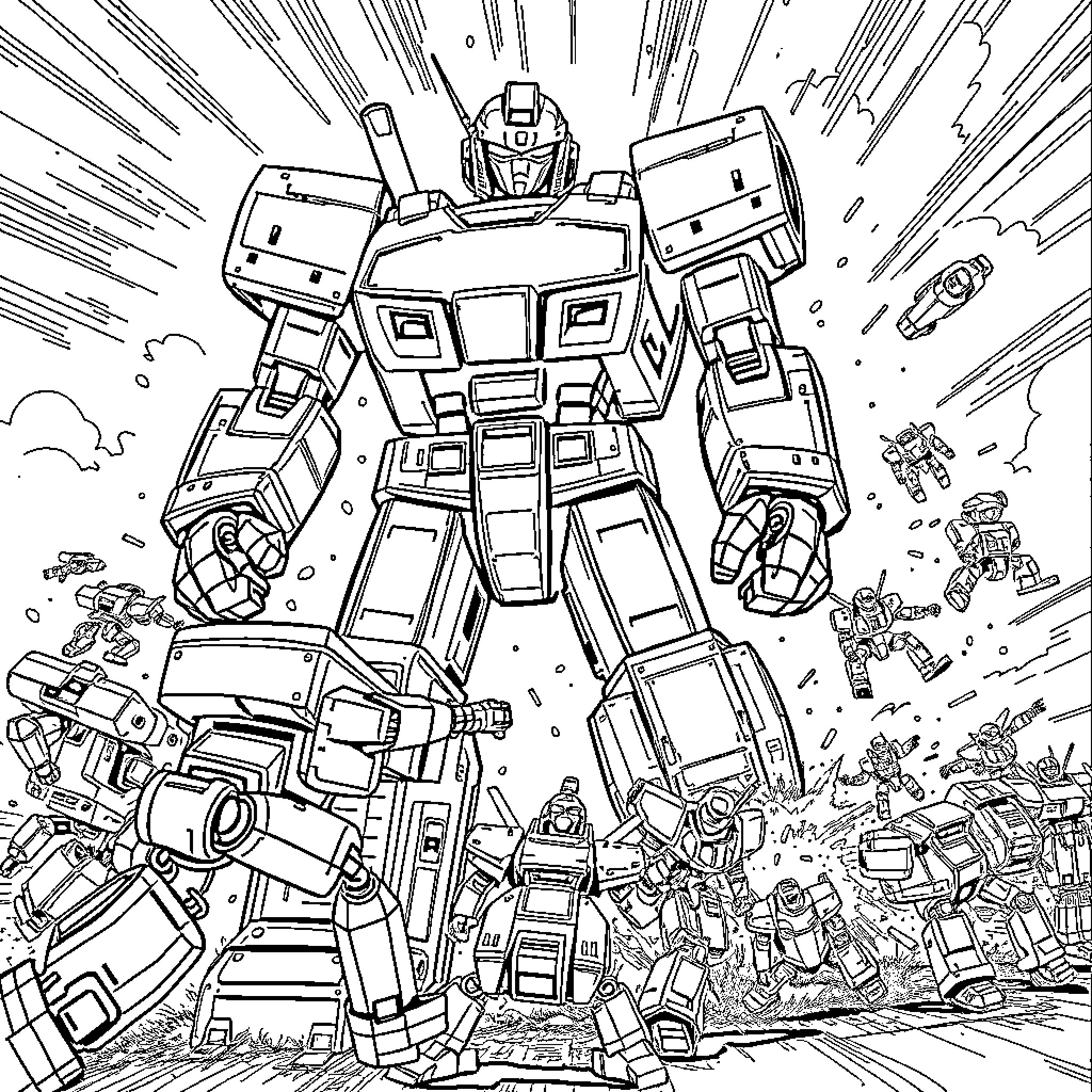 Robot warrior in epic battle against opponents Coloring Page (free black-and-white line drawing printable PDF for all, from beginners to advanced learners, including children, teens, adults, and seniors)