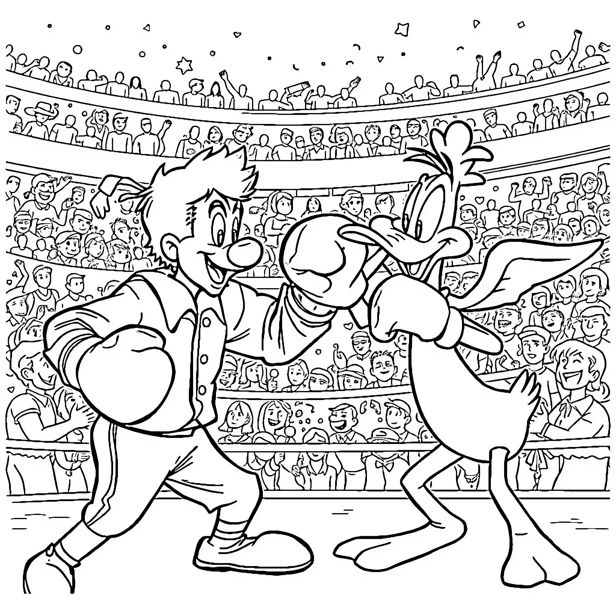 Ronald McDonald Performing with Cartoon Character on Stage Coloring Page (free black-and-white line drawing printable PDF for all, from beginners to advanced learners, including children, teens, adults, and seniors)