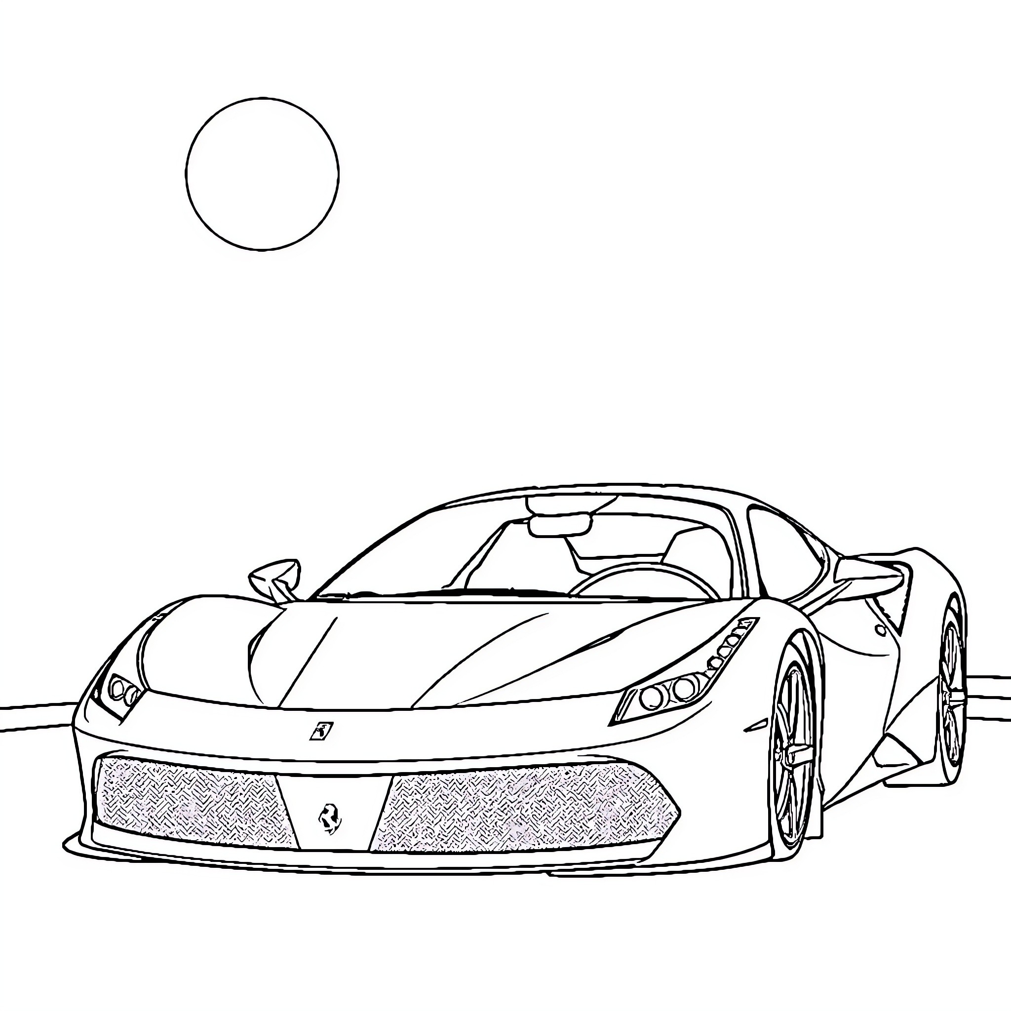 Ferrari sports car in minimalist design Coloring Page (free black-and-white line drawing printable PDF for all, from beginners to advanced learners, including children, teens, adults, and seniors)