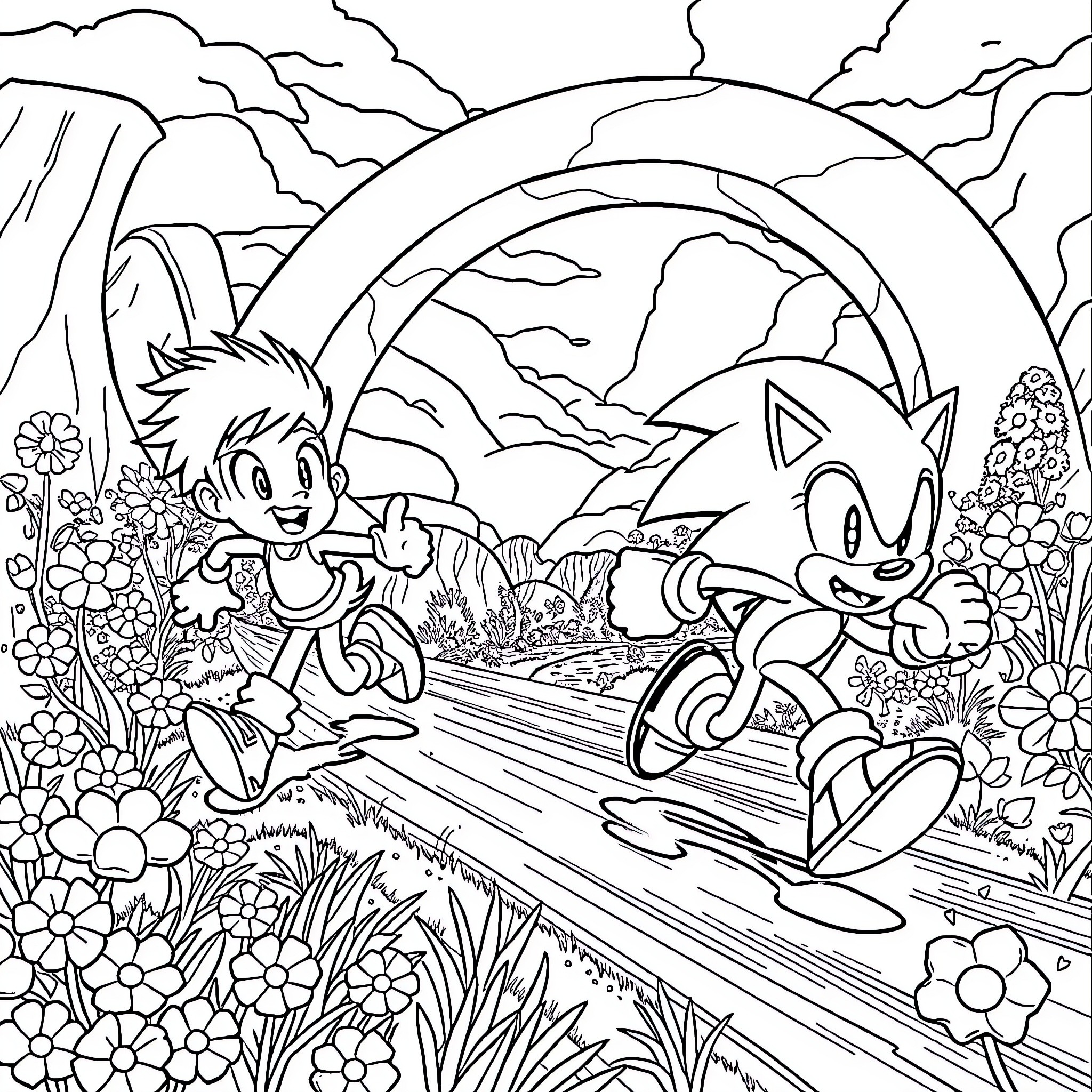 Sonic's Adventurous Exploration in a Vibrant Landscape Coloring Page (free black-and-white line drawing printable PDF for all, from beginners to advanced learners, including children, teens, adults, and seniors)