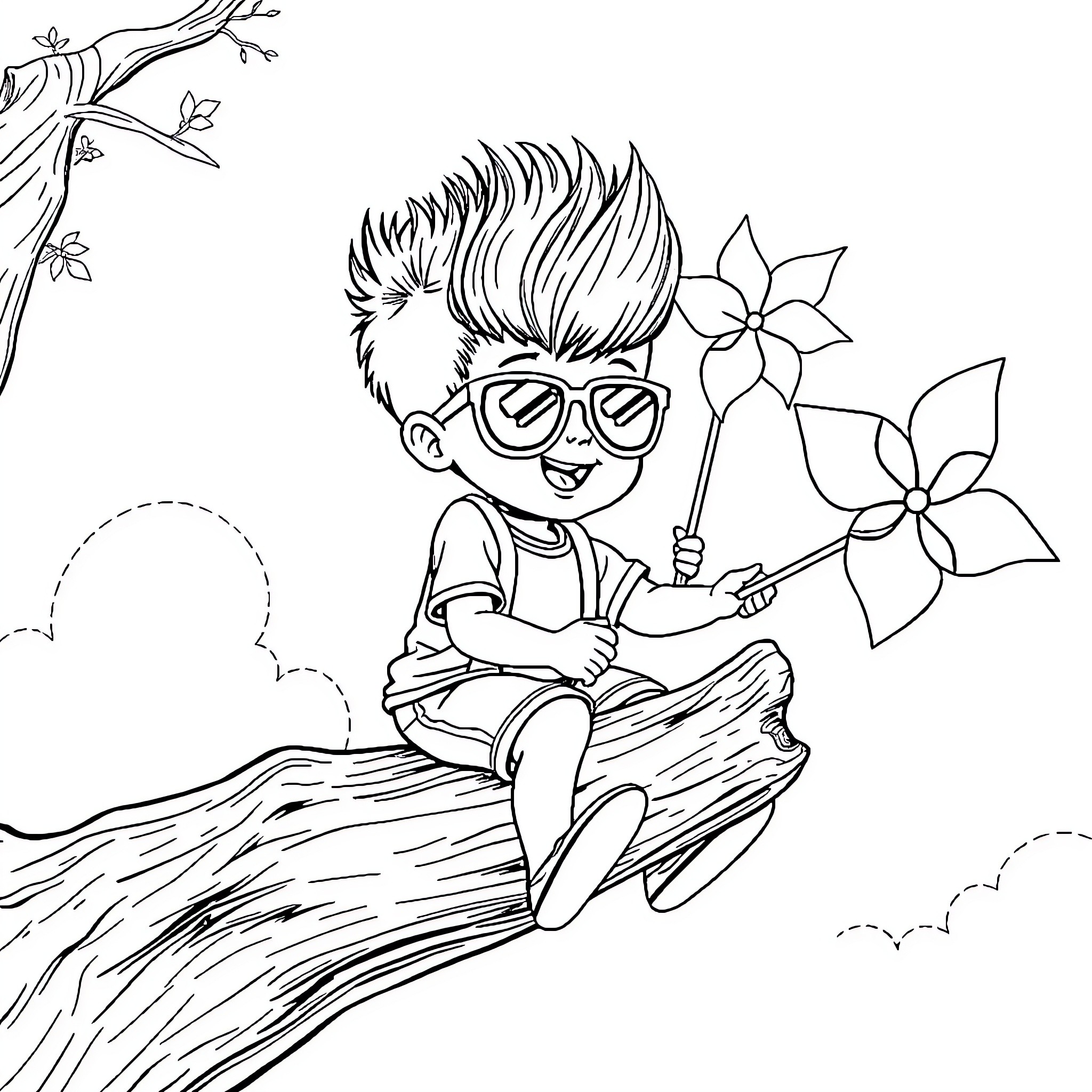 Boy enjoying nature with flower Coloring Page (free black-and-white line drawing printable PDF for all, from beginners to advanced learners, including children, teens, adults, and seniors)