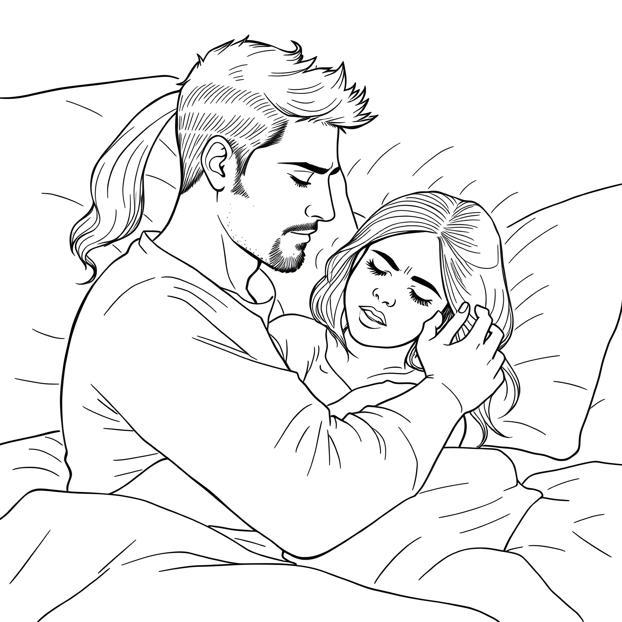 Man comforting and embracing distressed woman Coloring Page (free black-and-white line drawing printable PDF for all, from beginners to advanced learners, including children, teens, adults, and seniors)