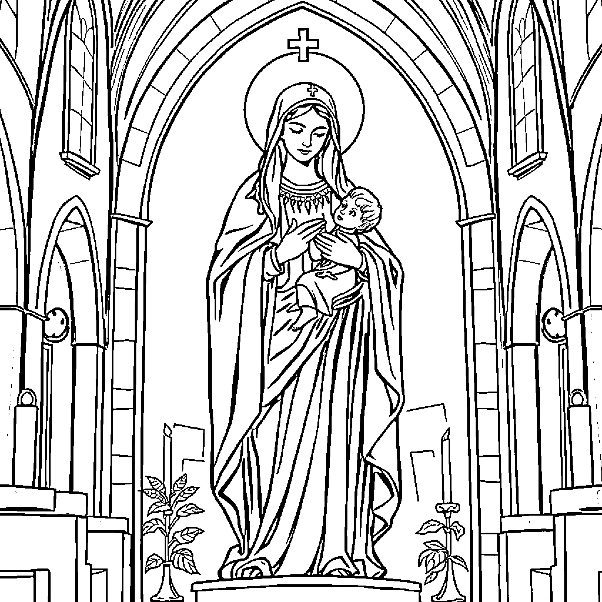 Mary and the infant in the holy sanctuary Coloring Page (free black-and-white line drawing printable PDF for all, from beginners to advanced learners, including children, teens, adults, and seniors)