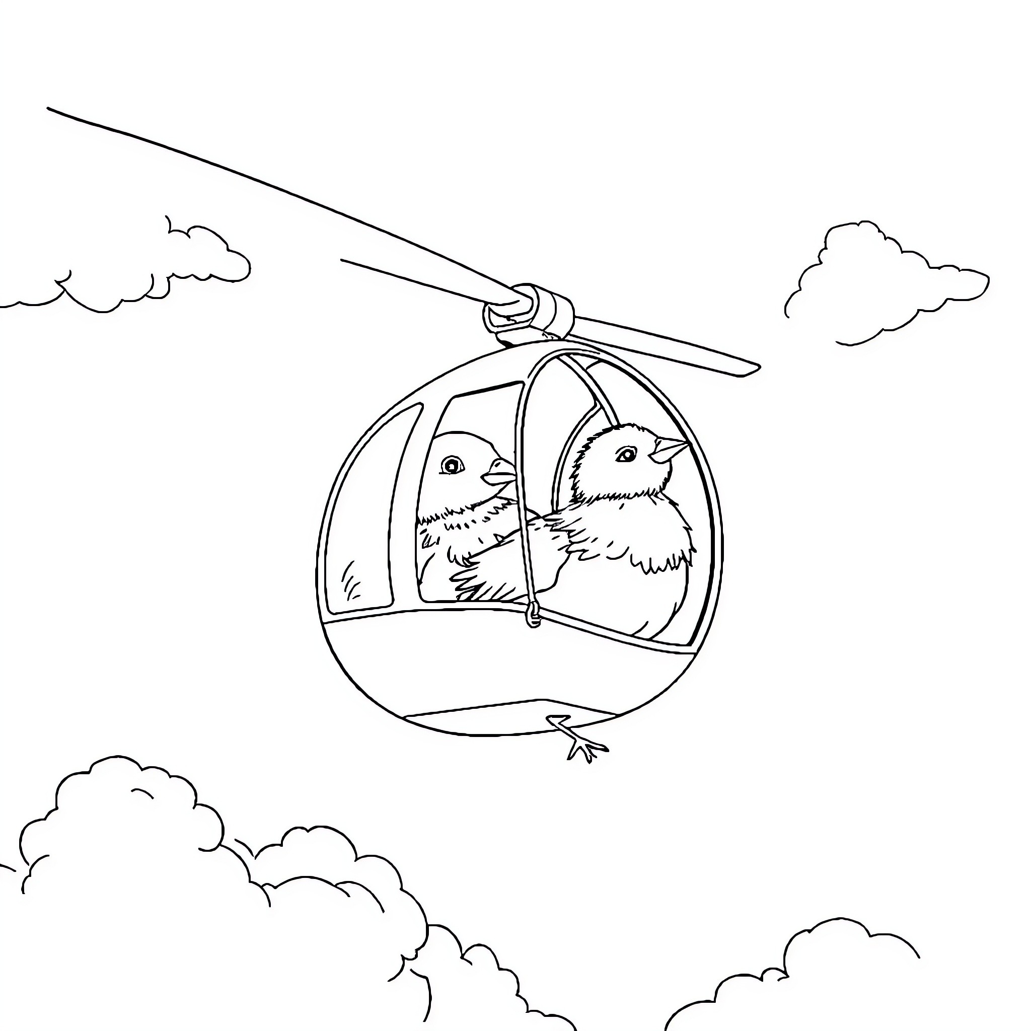 Chicken riding a whimsical aerial vehicle Coloring Page (free black-and-white line drawing printable PDF for all, from beginners to advanced learners, including children, teens, adults, and seniors)