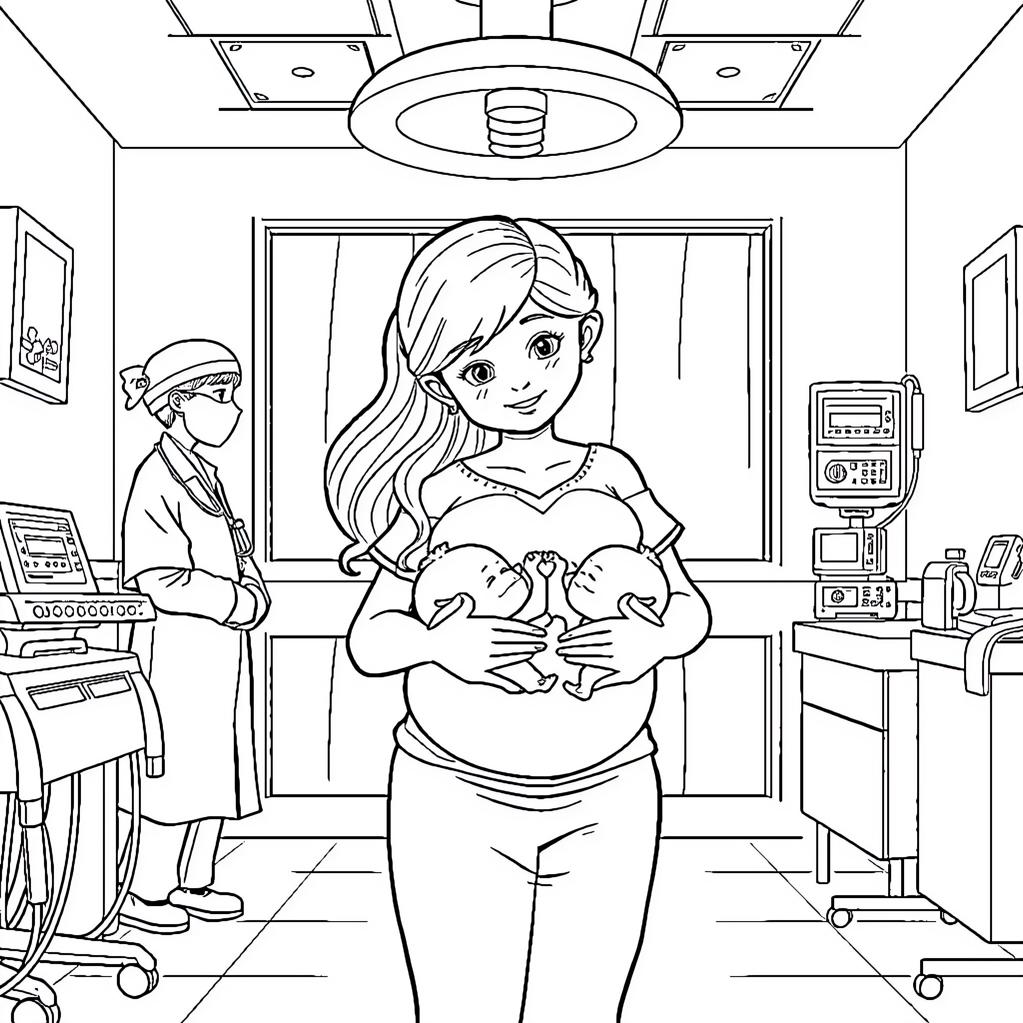 Girl holding baby in medical facility Coloring Page (free black-and-white line drawing printable PDF for all, from beginners to advanced learners, including children, teens, adults, and seniors)