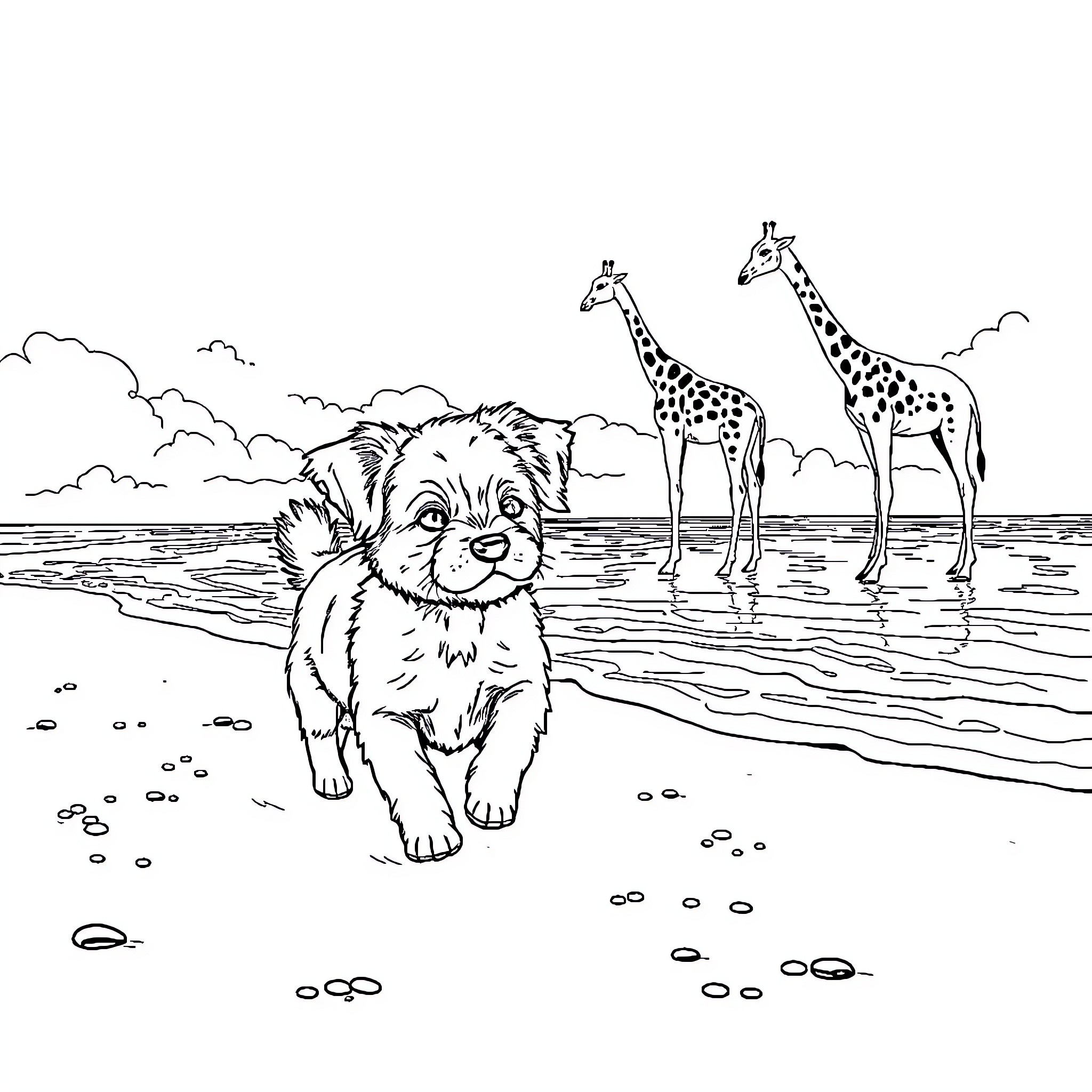 Chien running playfully on beach with giraffes Coloring Page (free black-and-white line drawing printable PDF for all, from beginners to advanced learners, including children, teens, adults, and seniors)