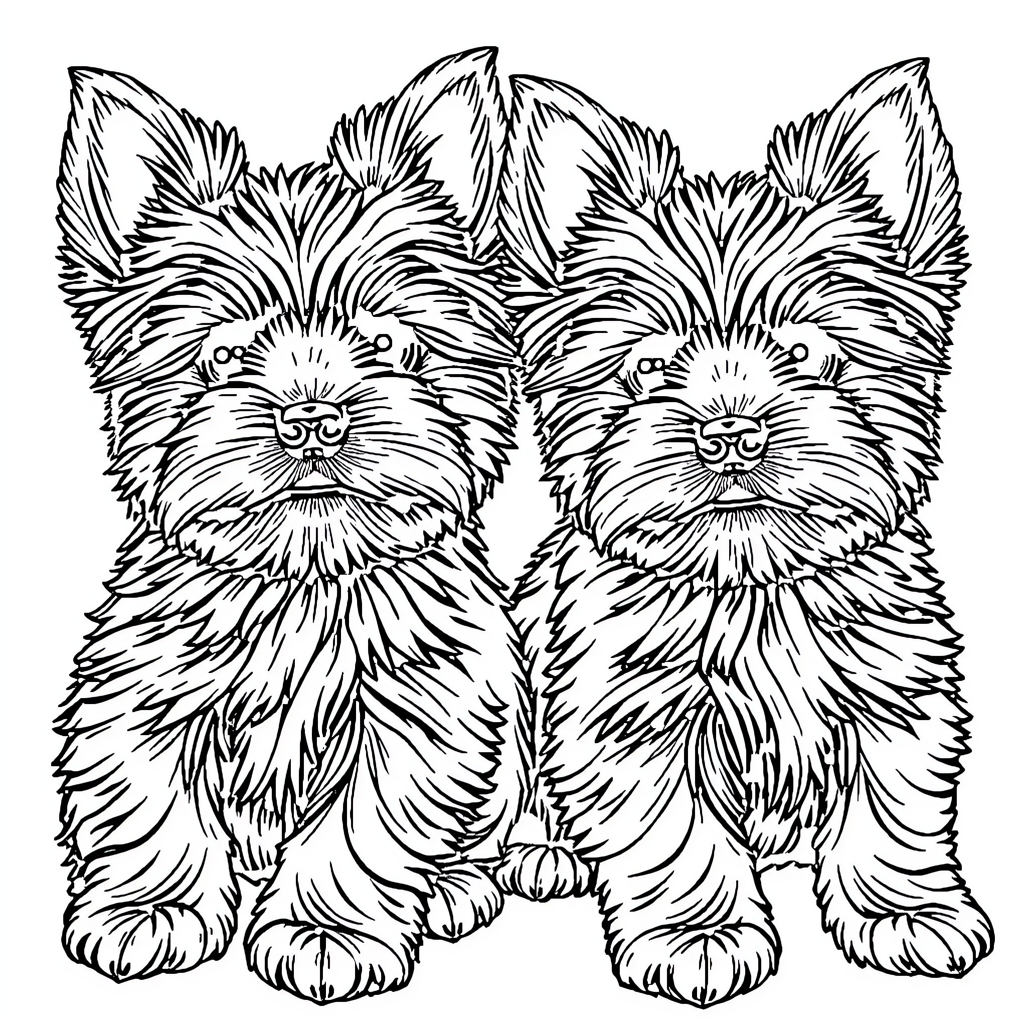 Yorkies posing with expressive faces Coloring Page (free black-and-white line drawing printable PDF for all, from beginners to advanced learners, including children, teens, adults, and seniors)