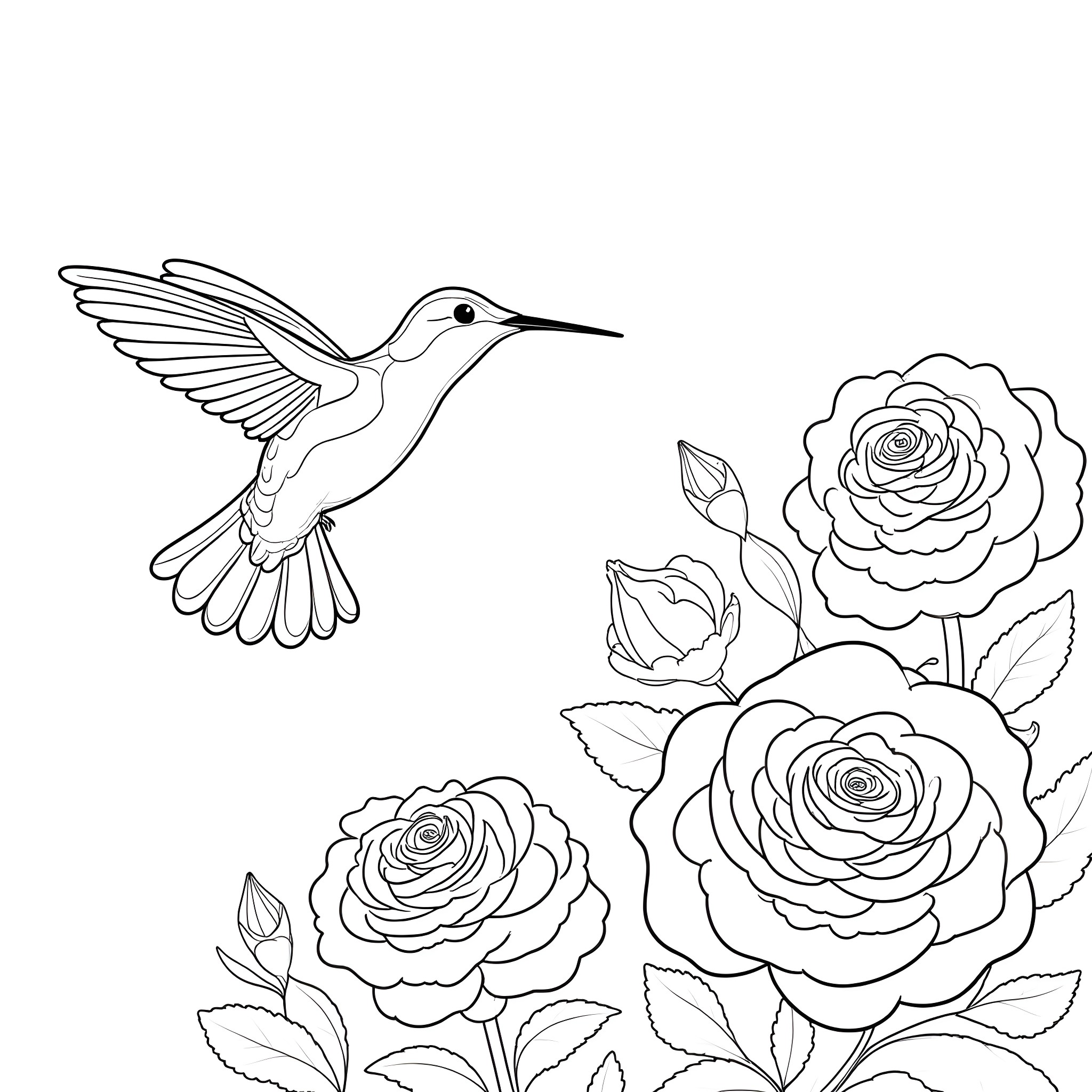 Hummingbird hovering near blooming roses Coloring Page (free black-and-white line drawing printable PDF for all, from beginners to advanced learners, including children, teens, adults, and seniors)