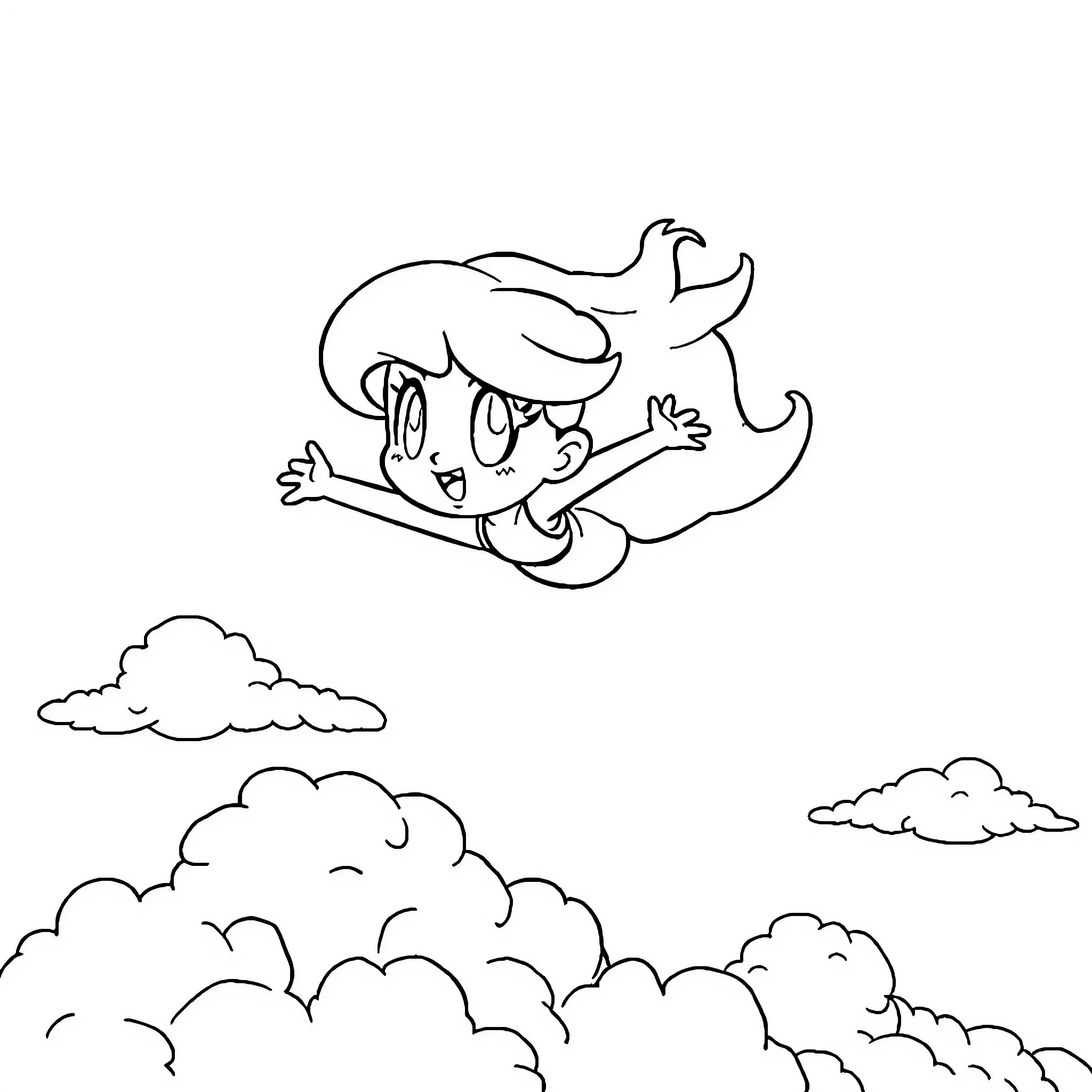Bulma flying happily through the clouds Coloring Page (free black-and-white line drawing printable PDF for all, from beginners to advanced learners, including children, teens, adults, and seniors)