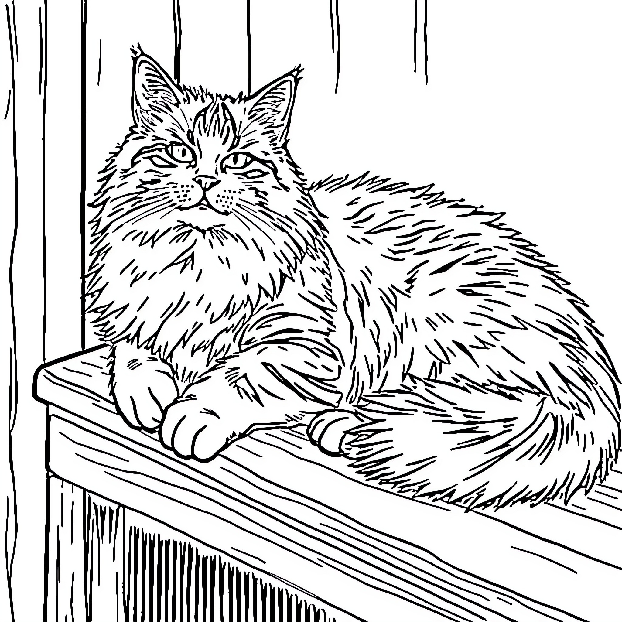 Maine Coon cat resting calmly on shelf Coloring Page (free black-and-white line drawing printable PDF for all, from beginners to advanced learners, including children, teens, adults, and seniors)