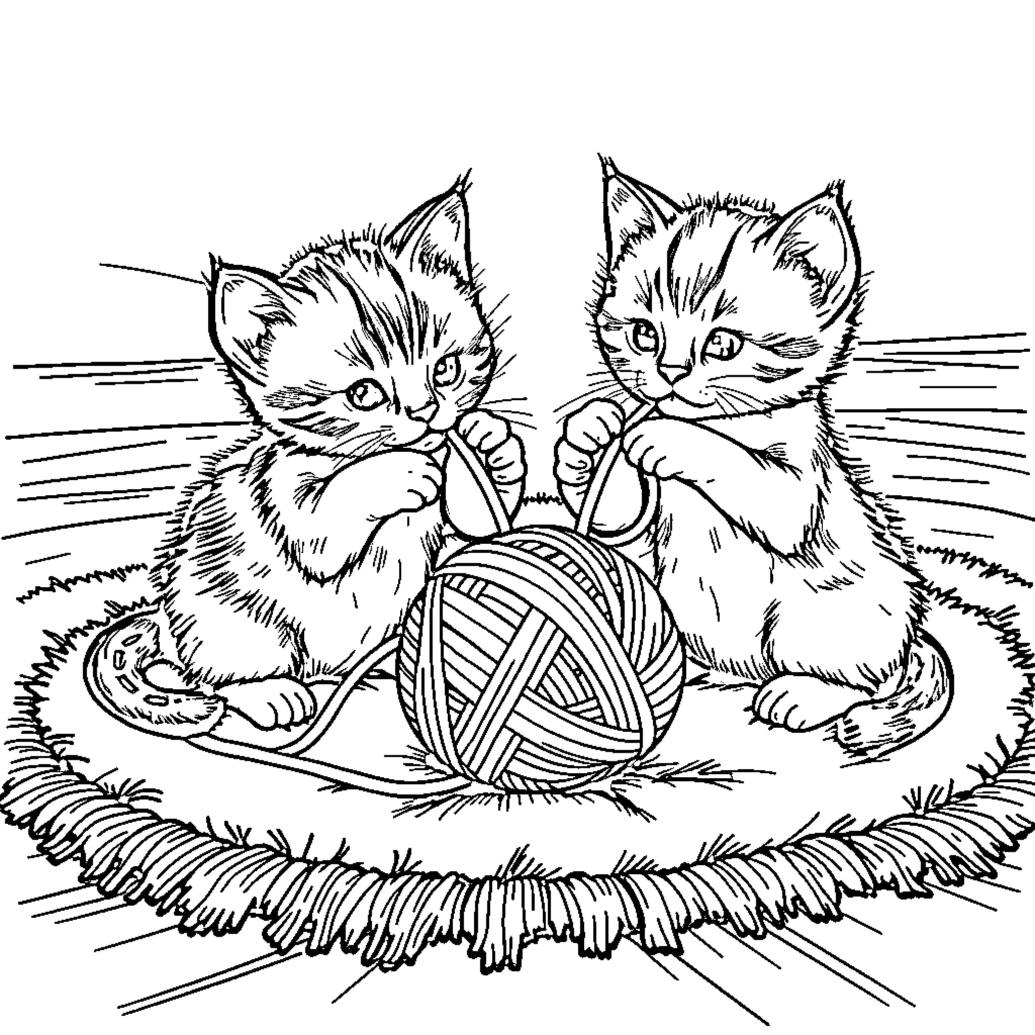 Kitty kittens playing with yarn in a cozy nest Coloring Page (free black-and-white line drawing printable PDF for all, from beginners to advanced learners, including children, teens, adults, and seniors)