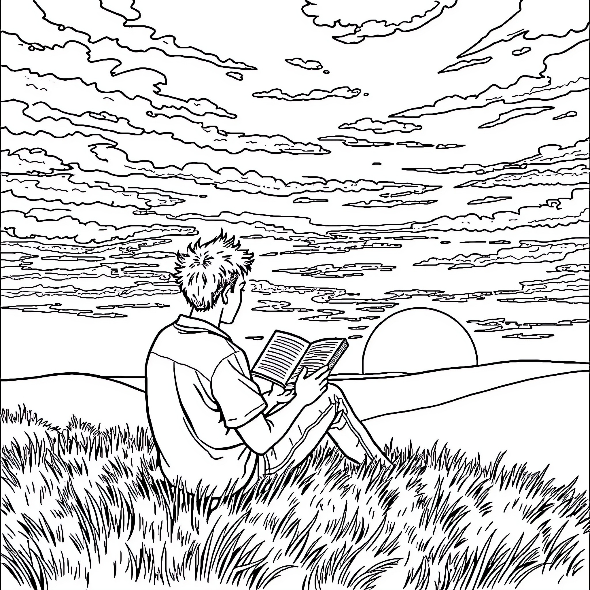 Guy reading book in peaceful outdoor setting Coloring Page (free black-and-white line drawing printable PDF for all, from beginners to advanced learners, including children, teens, adults, and seniors)