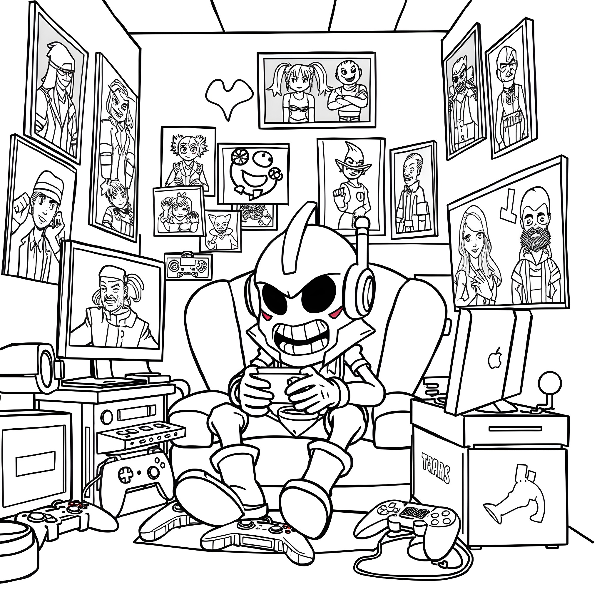 Mortis' Gaming Room with Iconic Characters Coloring Page (free black-and-white line drawing printable PDF for all, from beginners to advanced learners, including children, teens, adults, and seniors)
