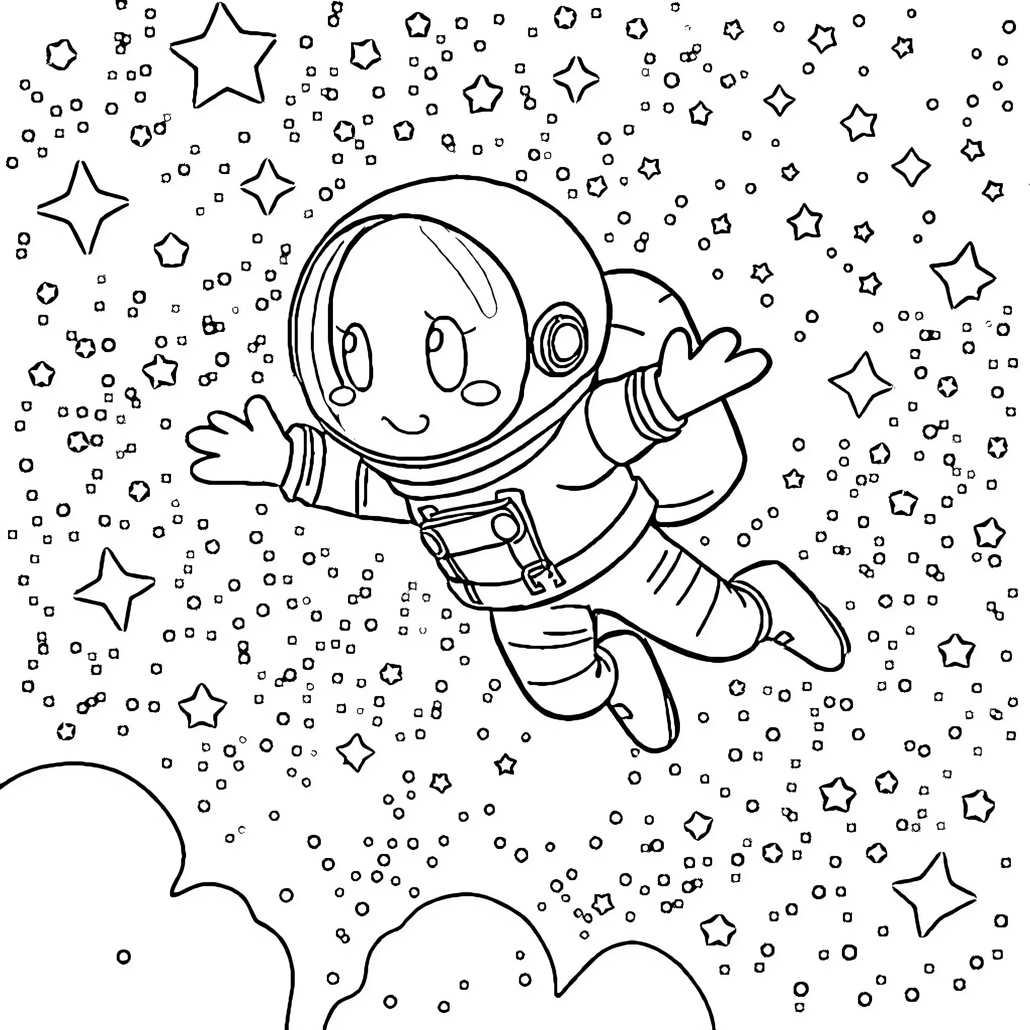 Bluey the Astronaut's Starry Adventure Coloring Page (free black-and-white line drawing printable PDF for all, from beginners to advanced learners, including children, teens, adults, and seniors)