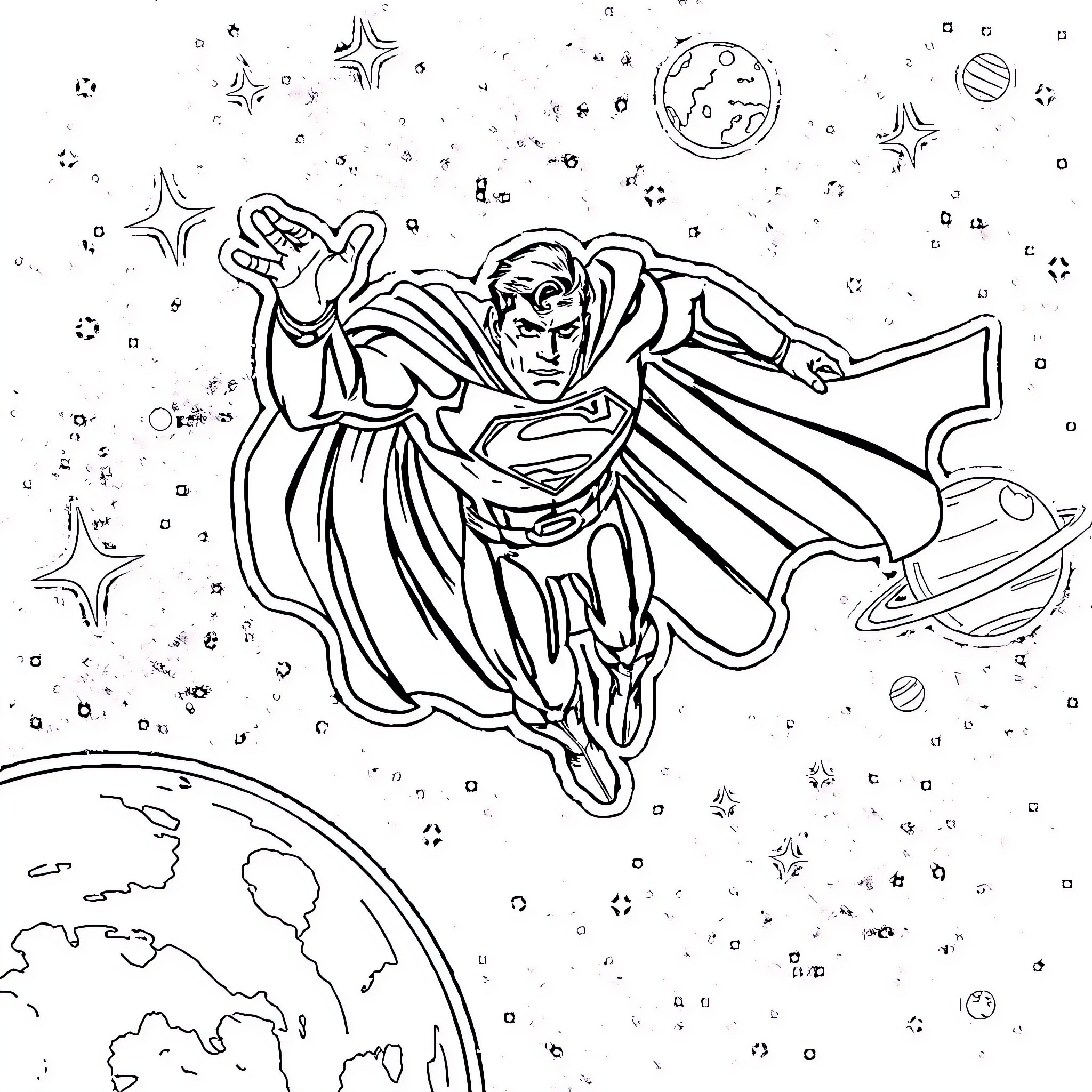 Superman flying through cosmic space Coloring Page (free black-and-white line drawing printable PDF for all, from beginners to advanced learners, including children, teens, adults, and seniors)