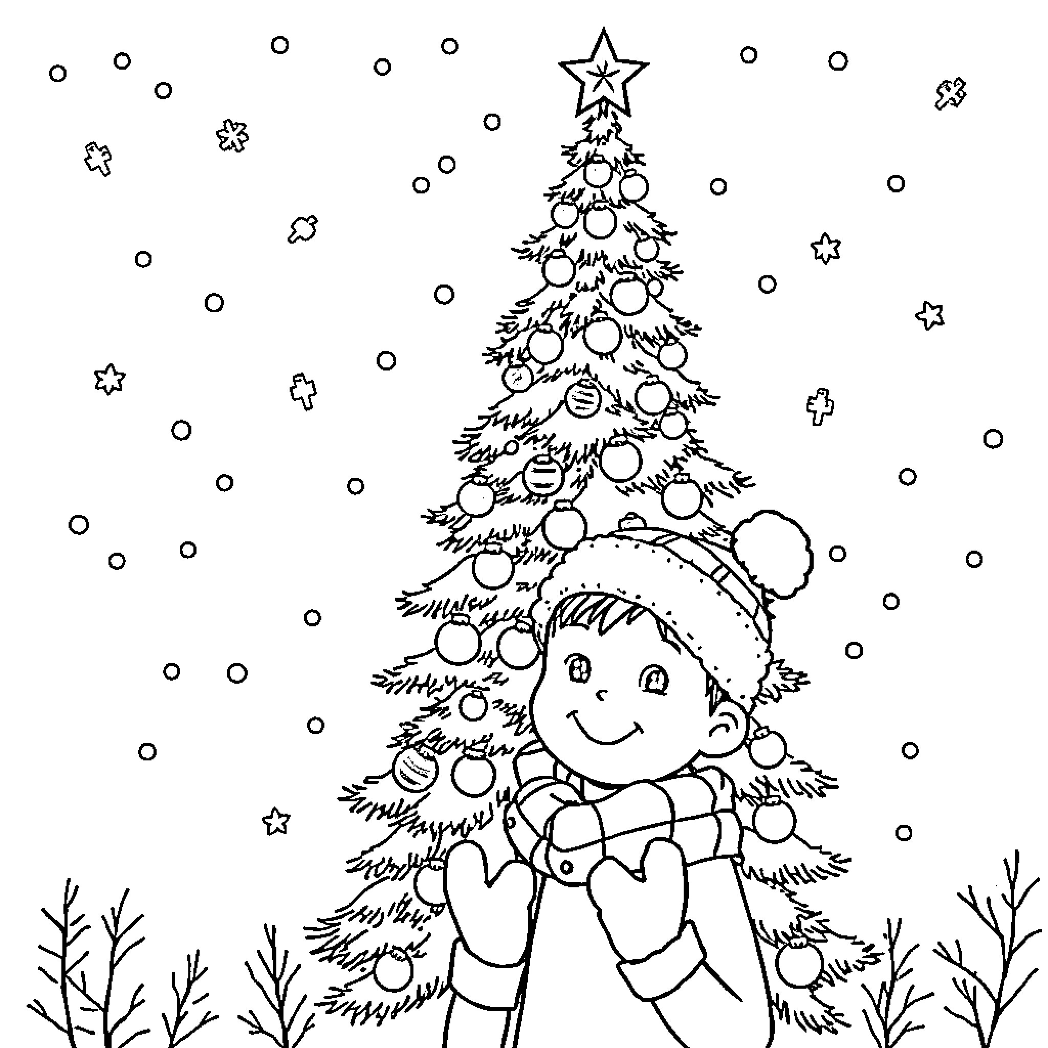 Christmas Tree with Happy Child in Winter Wonderland Coloring Page (free black-and-white line drawing printable PDF for all, from beginners to advanced learners, including children, teens, adults, and seniors)