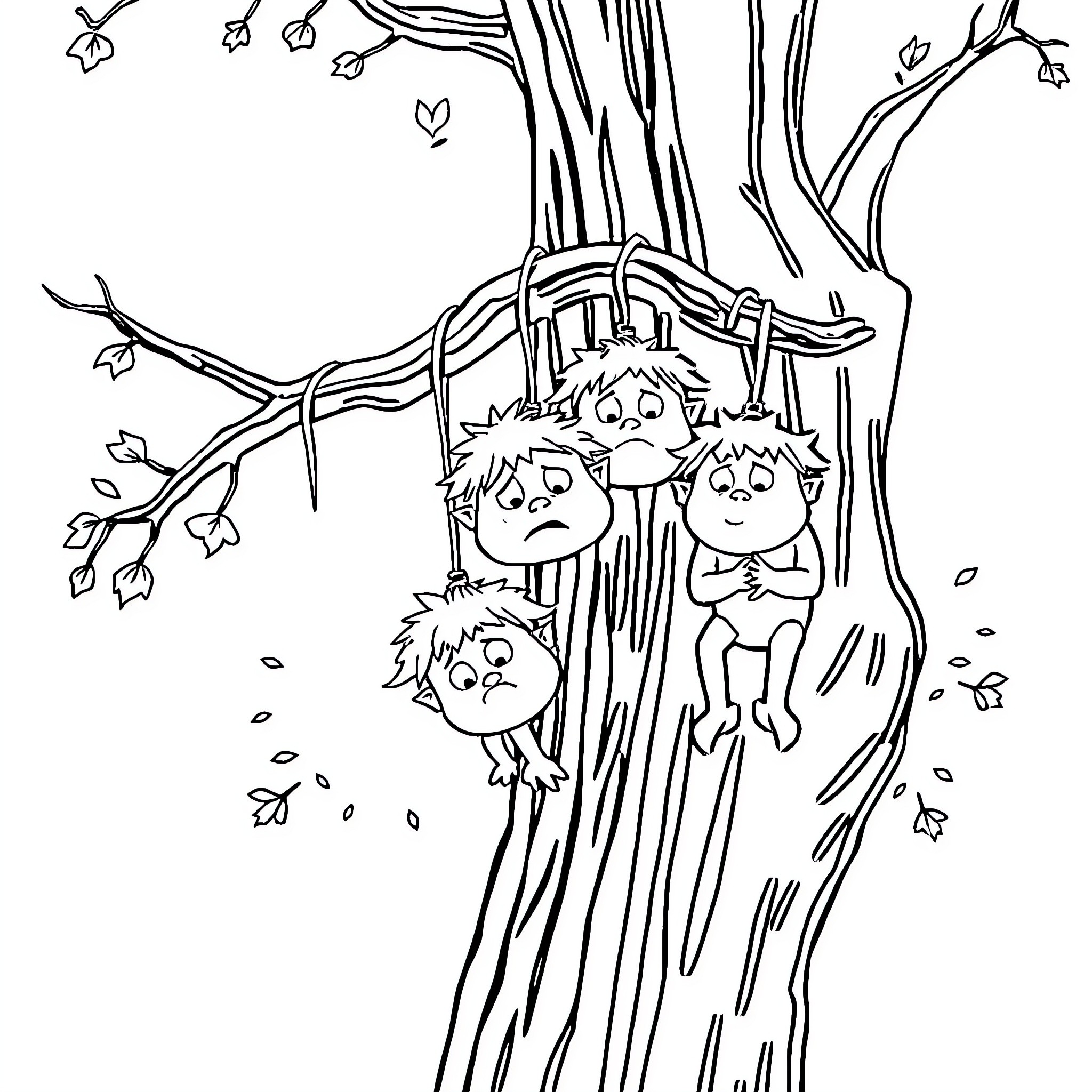 Whiner Kids Hiding in Spooky Tree Coloring Page (free black-and-white line drawing printable PDF for all, from beginners to advanced learners, including children, teens, adults, and seniors)