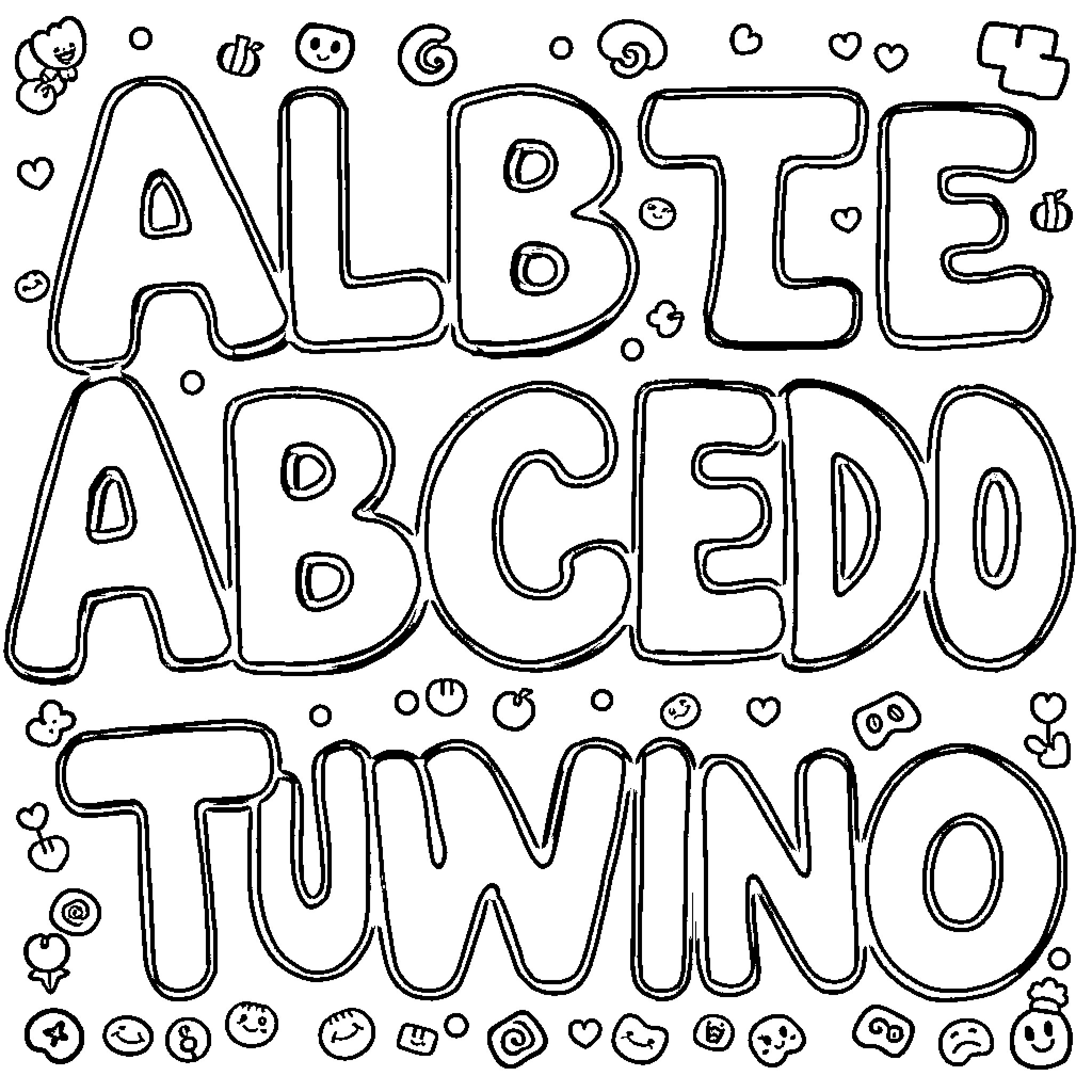 Alphabet Doodle with Playful Shapes and Symbols Coloring Page (free black-and-white line drawing printable PDF for all, from beginners to advanced learners, including children, teens, adults, and seniors)