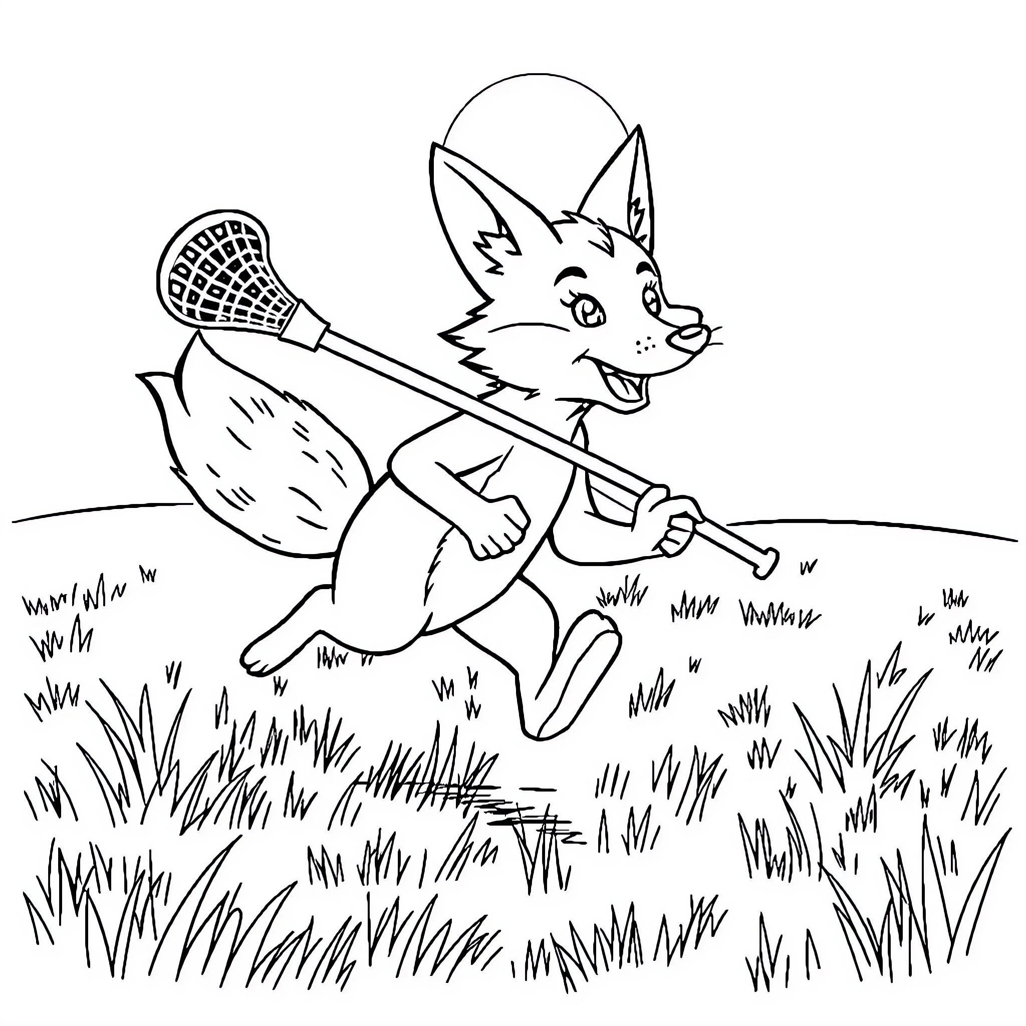 Fox chasing butterflies with net in field Coloring Page (free black-and-white line drawing printable PDF for all, from beginners to advanced learners, including children, teens, adults, and seniors)