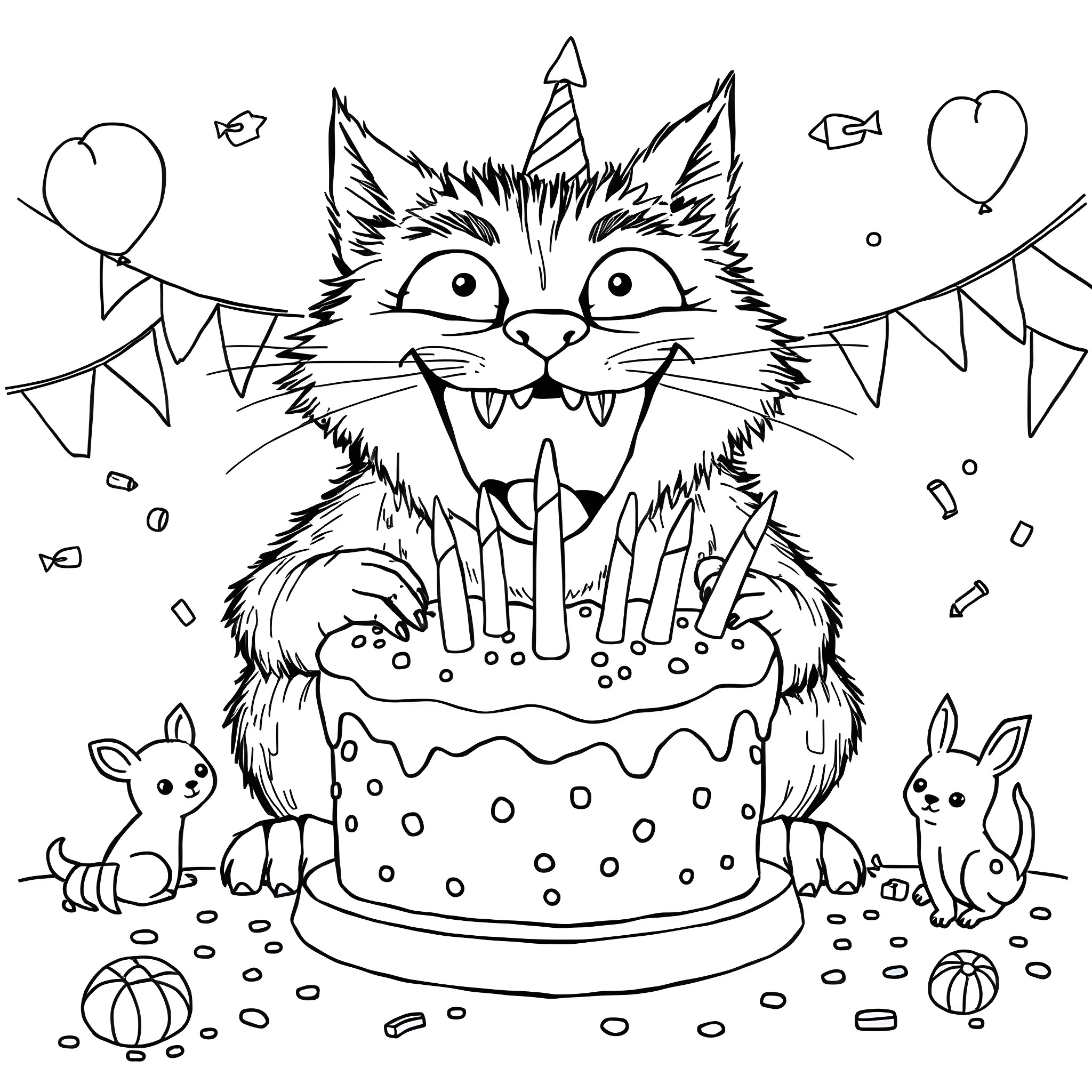Cat Monster celebrating with a birthday cake Coloring Page (free black-and-white line drawing printable PDF for all, from beginners to advanced learners, including children, teens, adults, and seniors)