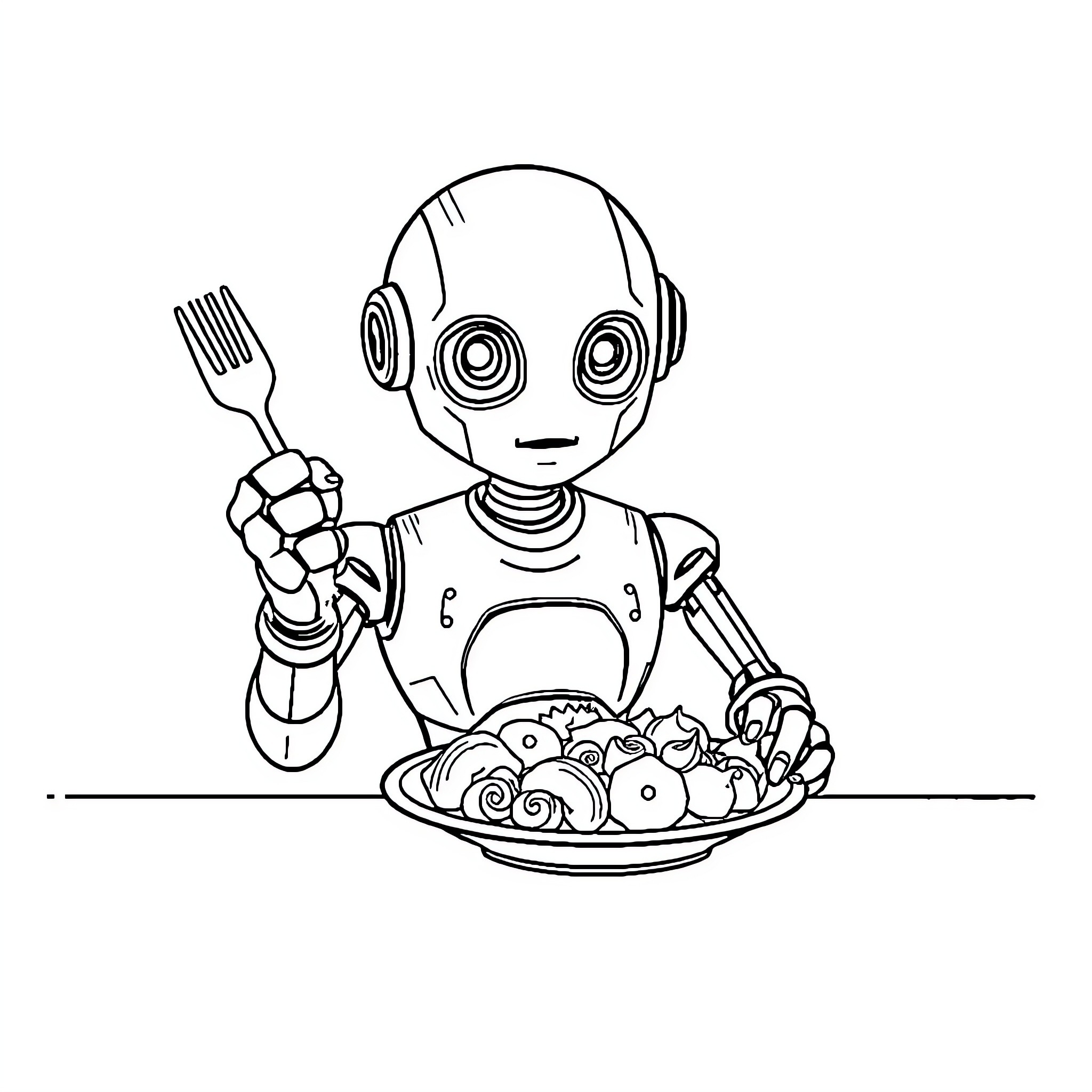 Robot enjoying a meal with a fork Coloring Page (free black-and-white line drawing printable PDF for all, from beginners to advanced learners, including children, teens, adults, and seniors)