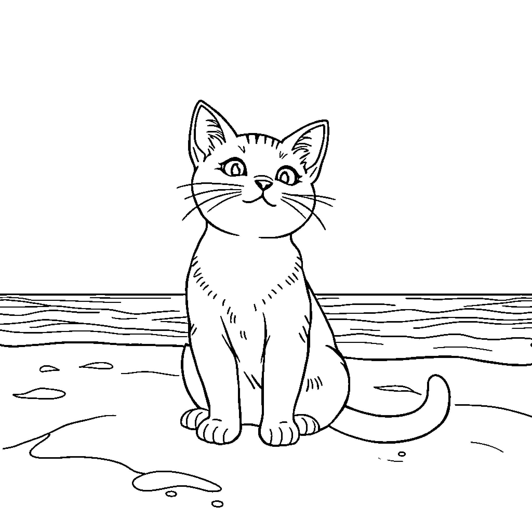 Cat sitting calmly by the beach Coloring Page (free black-and-white line drawing printable PDF for all, from beginners to advanced learners, including children, teens, adults, and seniors)