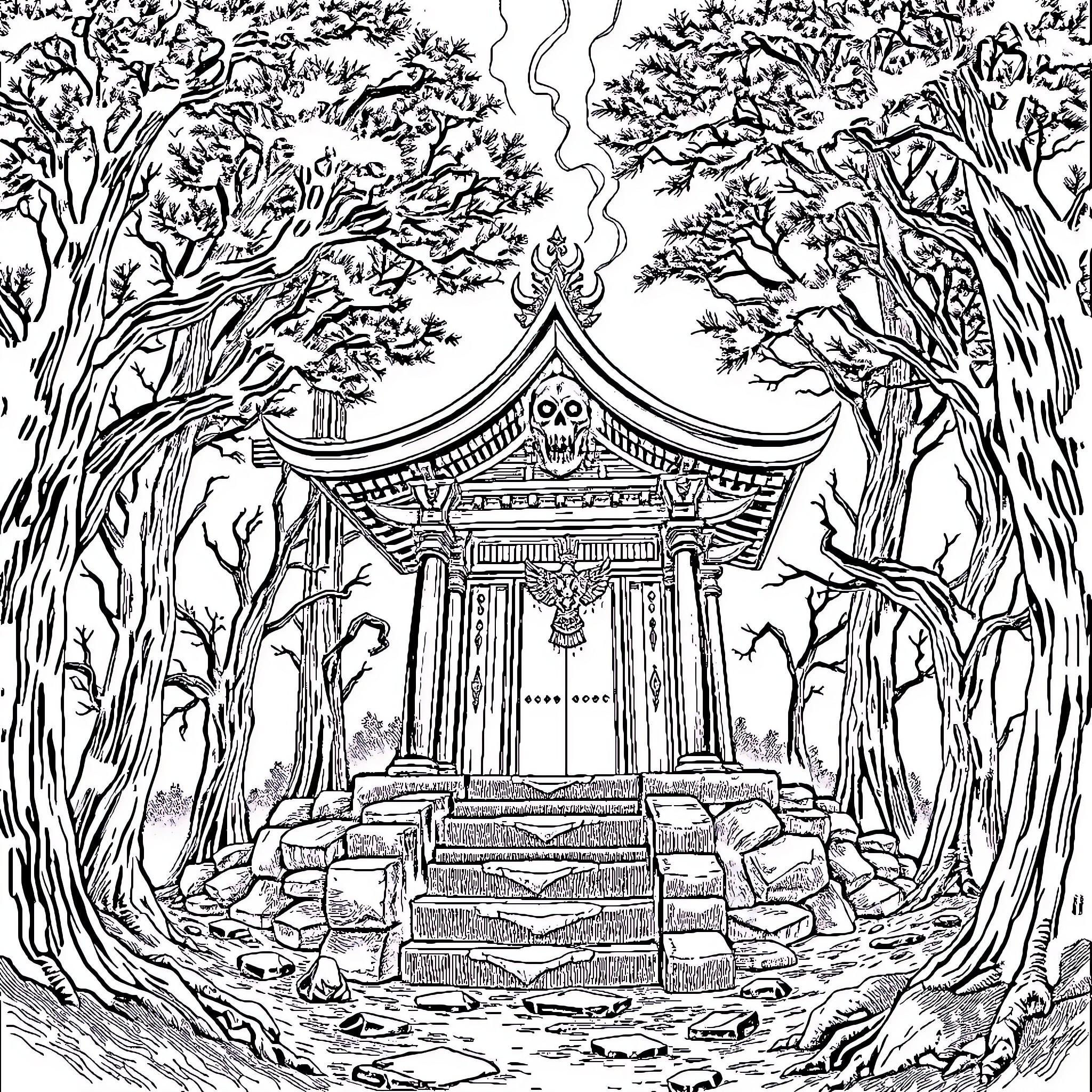 Sukuna's Mysterious Shrine in the Enchanted Forest Coloring Page (free black-and-white line drawing printable PDF for all, from beginners to advanced learners, including children, teens, adults, and seniors)
