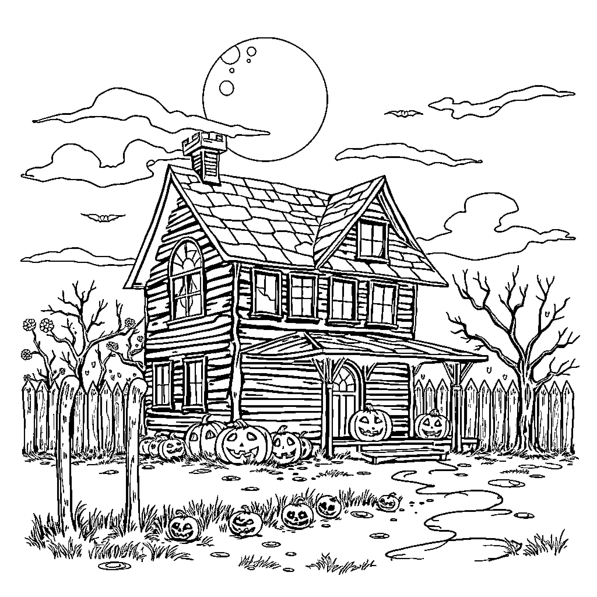 House of mystery on Halloween night Coloring Page (free black-and-white line drawing printable PDF for all, from beginners to advanced learners, including children, teens, adults, and seniors)