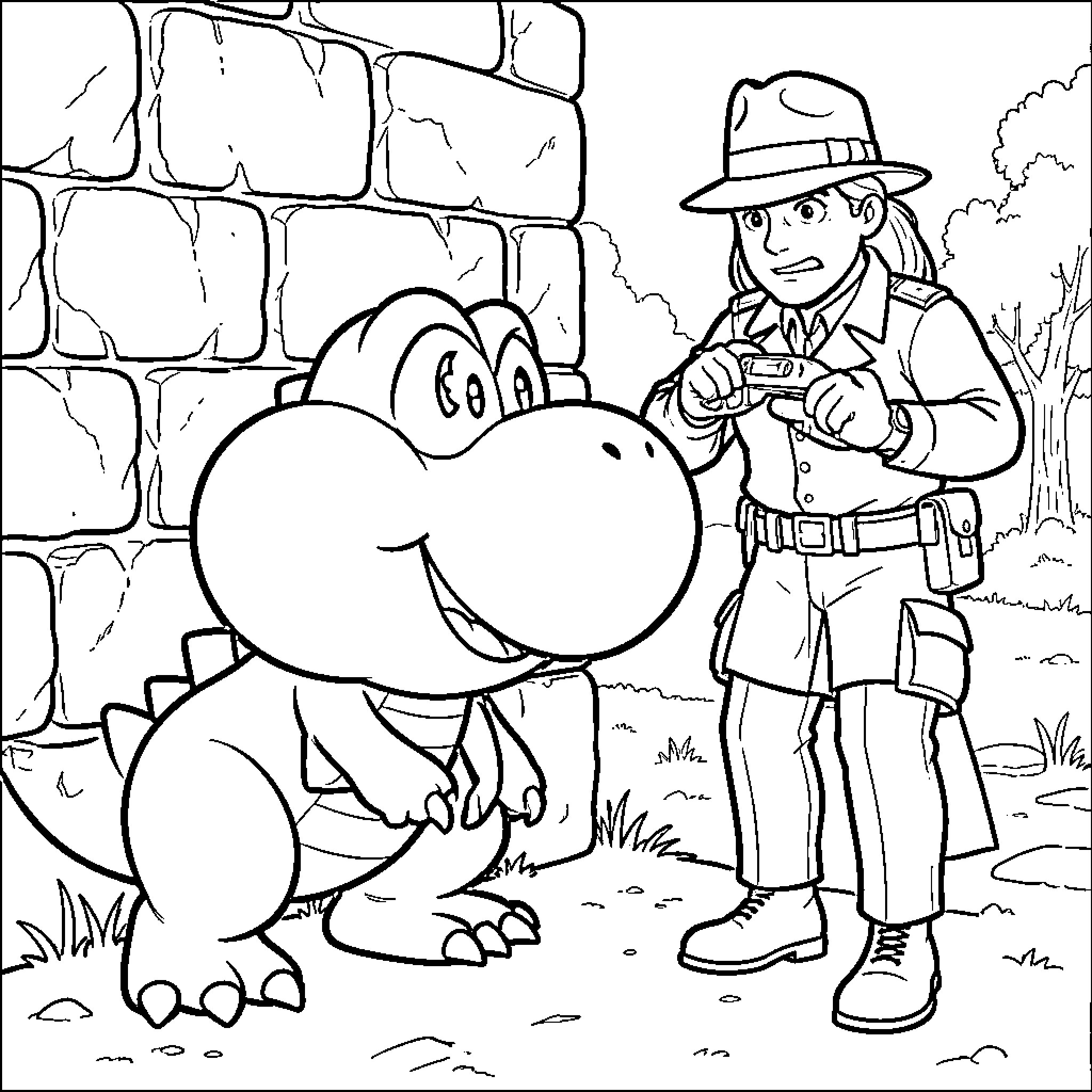 Yoshi and the Explorer in the Wilderness Coloring Page (free black-and-white line drawing printable PDF for all, from beginners to advanced learners, including children, teens, adults, and seniors)