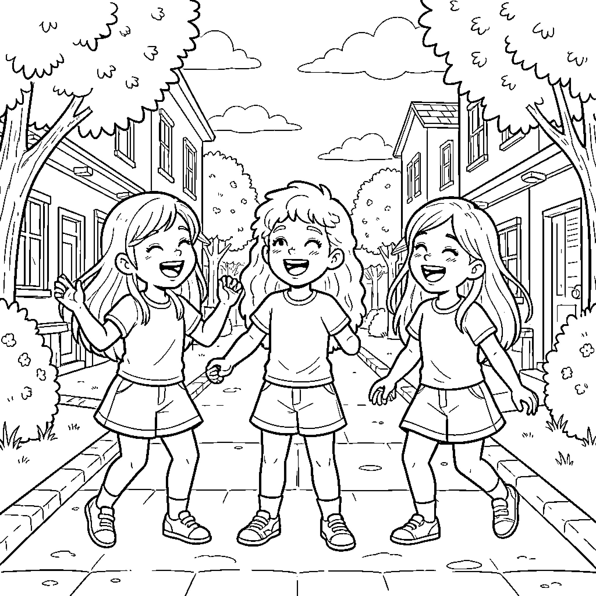 Friend's Happy Time in the Neighborhood Coloring Page (free black-and-white line drawing printable PDF for all, from beginners to advanced learners, including children, teens, adults, and seniors)