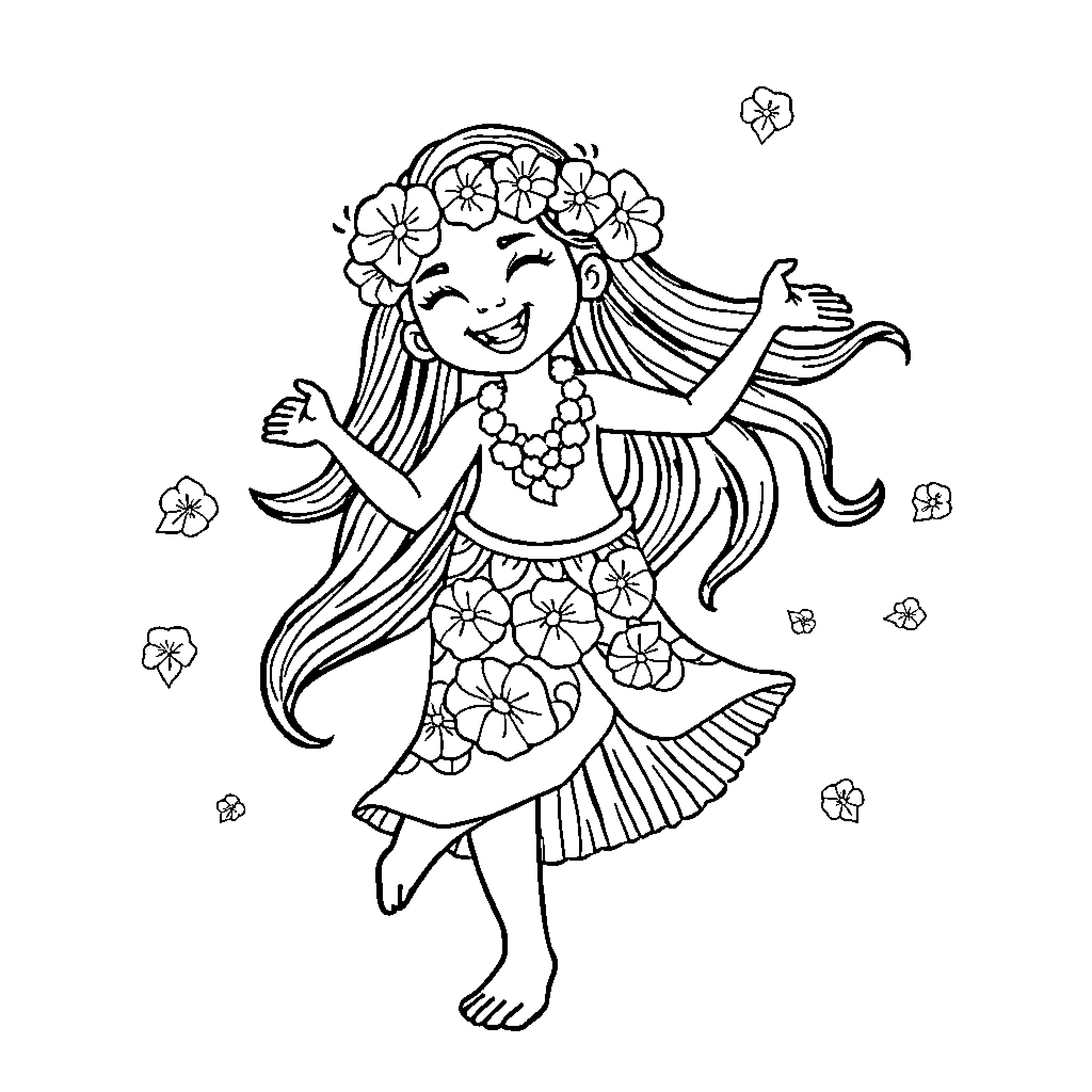 Maujina's Floral Dance of Joy Coloring Page (free black-and-white line drawing printable PDF for all, from beginners to advanced learners, including children, teens, adults, and seniors)