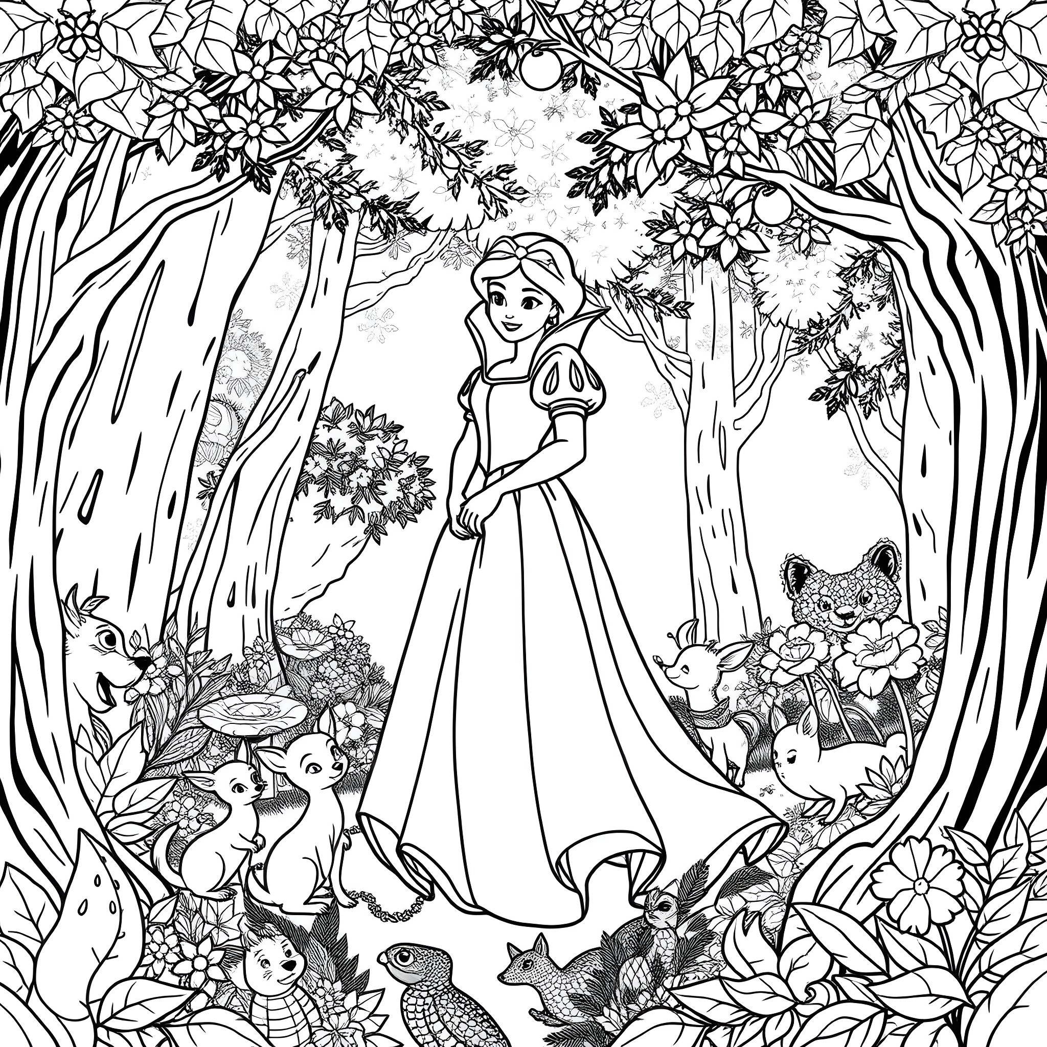 Snow White in the enchanted forest Coloring Page (free black-and-white line drawing printable PDF for all, from beginners to advanced learners, including children, teens, adults, and seniors)