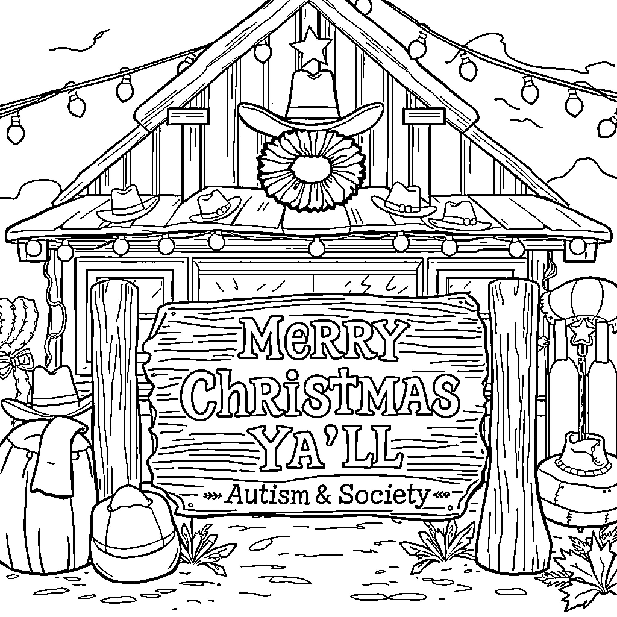Christmas celebration scene with decorations and greetings Coloring Page (free black-and-white line drawing printable PDF for all, from beginners to advanced learners, including children, teens, adults, and seniors)
