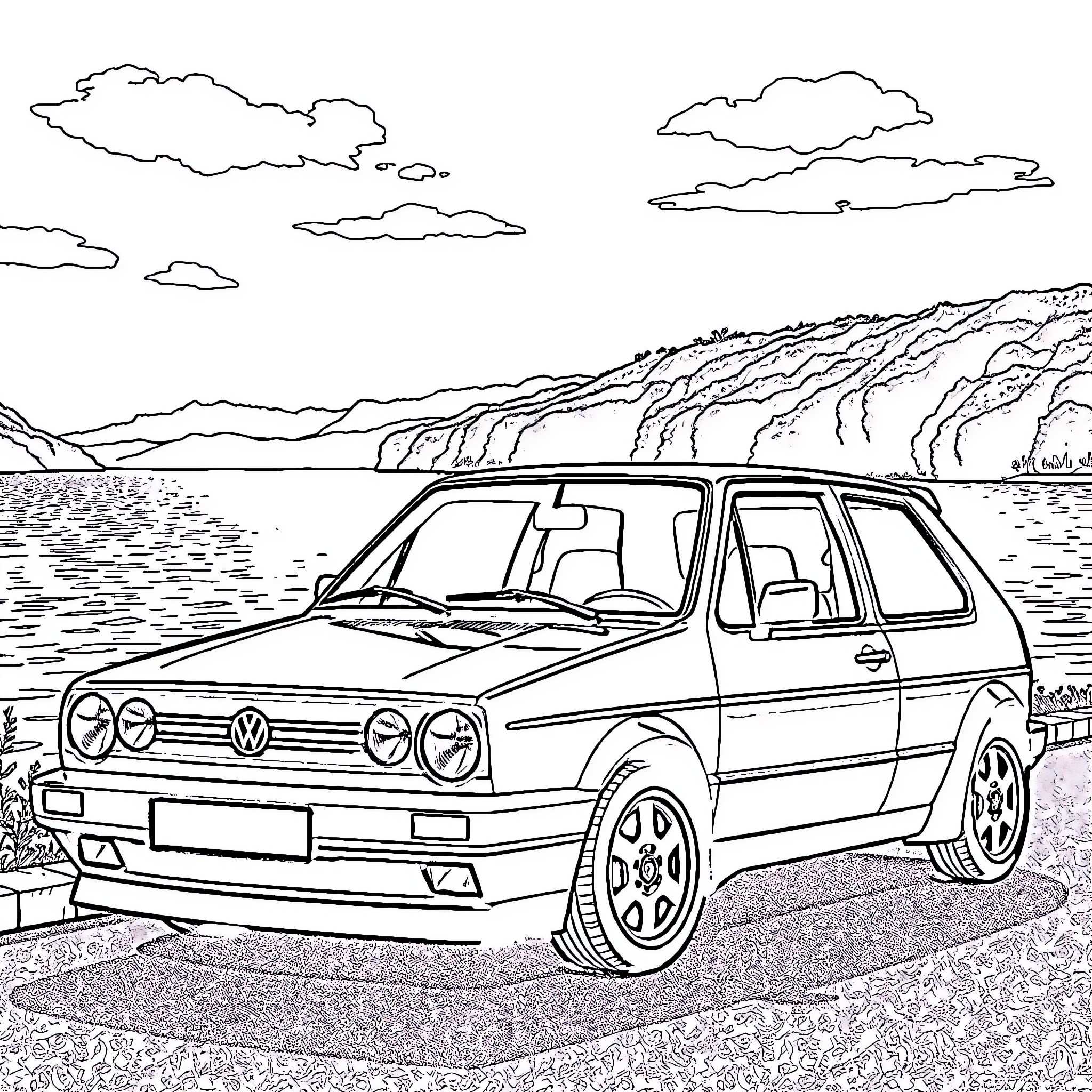 Volkswagen Golf parked by the lake with mountain views Coloring Page (free black-and-white line drawing printable PDF for all, from beginners to advanced learners, including children, teens, adults, and seniors)