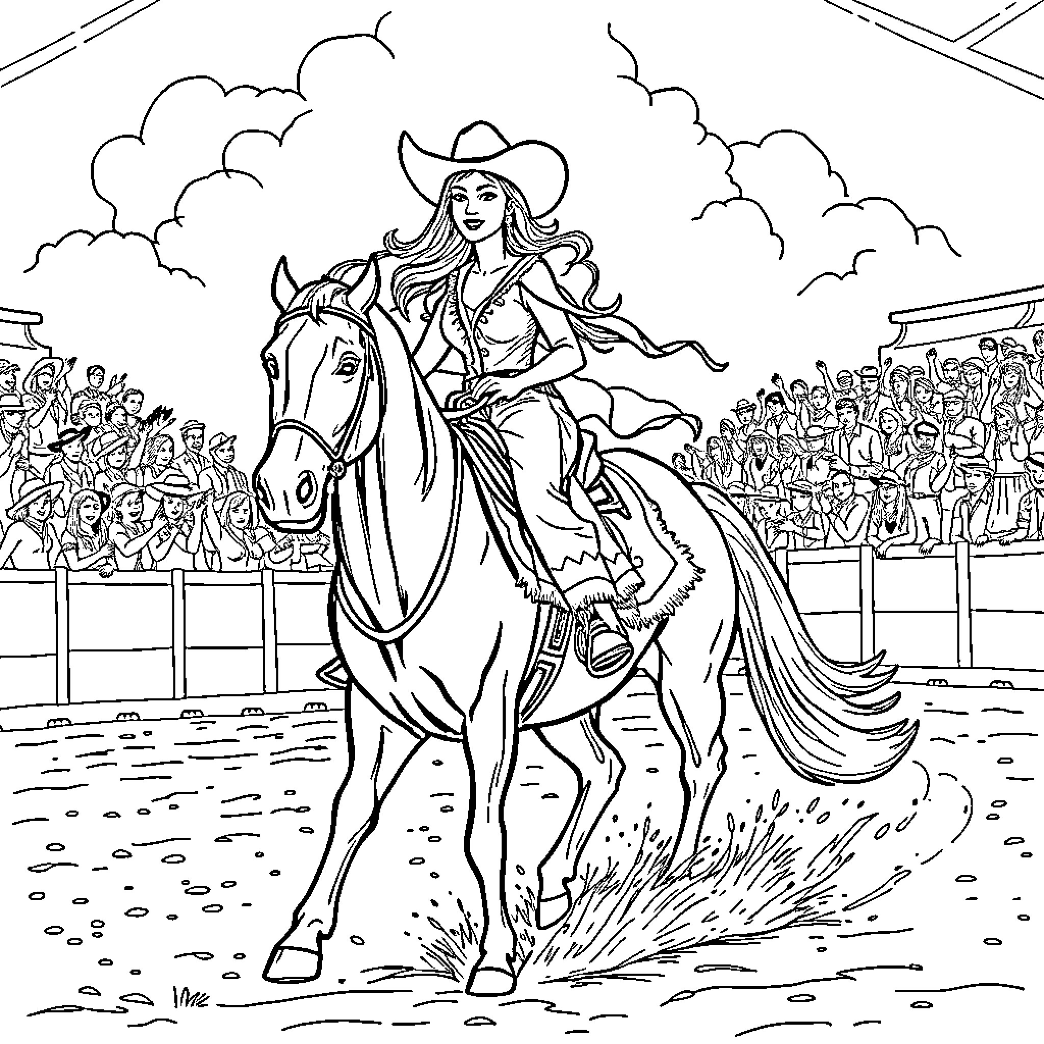 Horse Rider Performing in Arena with Crowd Coloring Page (free black-and-white line drawing printable PDF for all, from beginners to advanced learners, including children, teens, adults, and seniors)