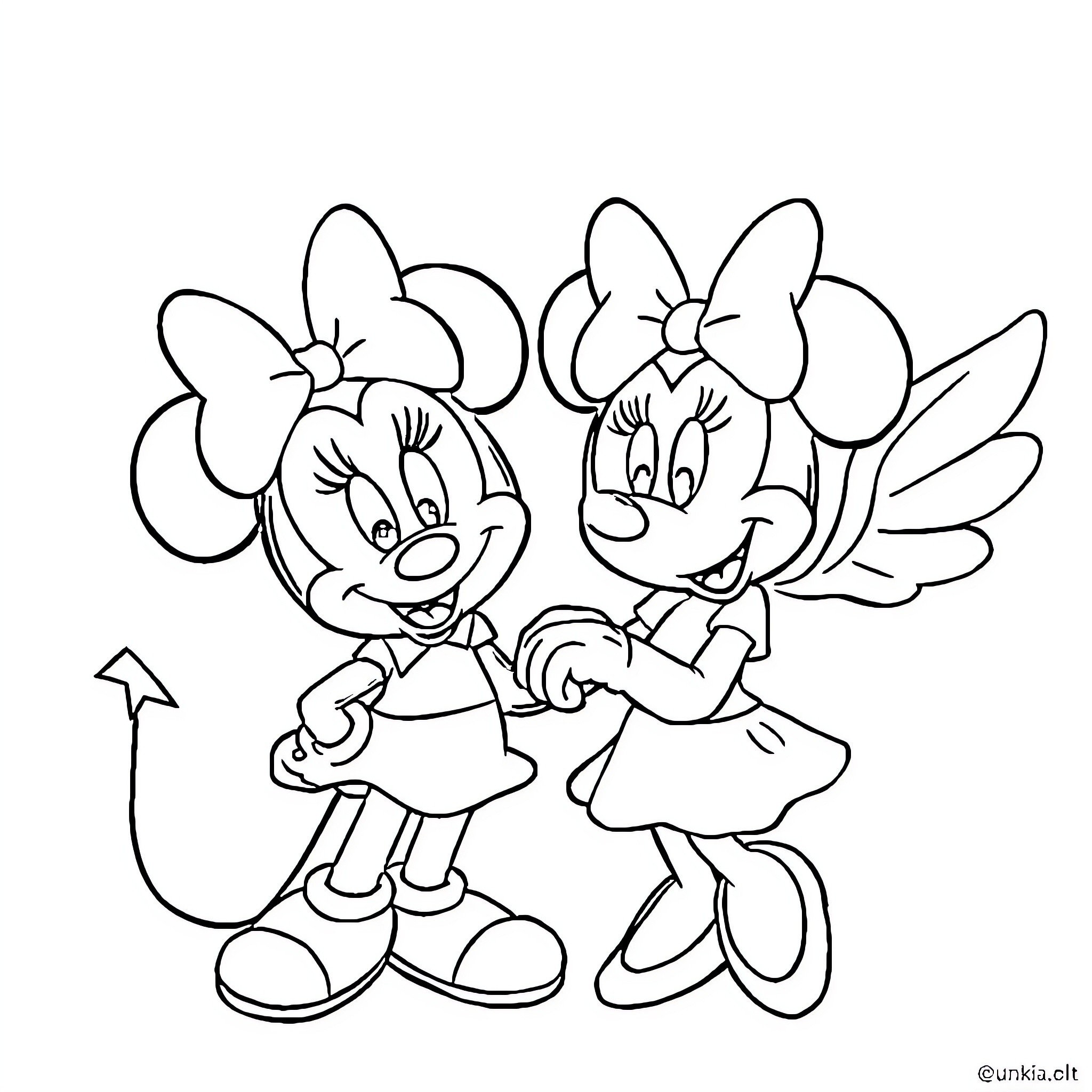 Minnie Mouse and friend in playful poses Coloring Page (free black-and-white line drawing printable PDF for all, from beginners to advanced learners, including children, teens, adults, and seniors)