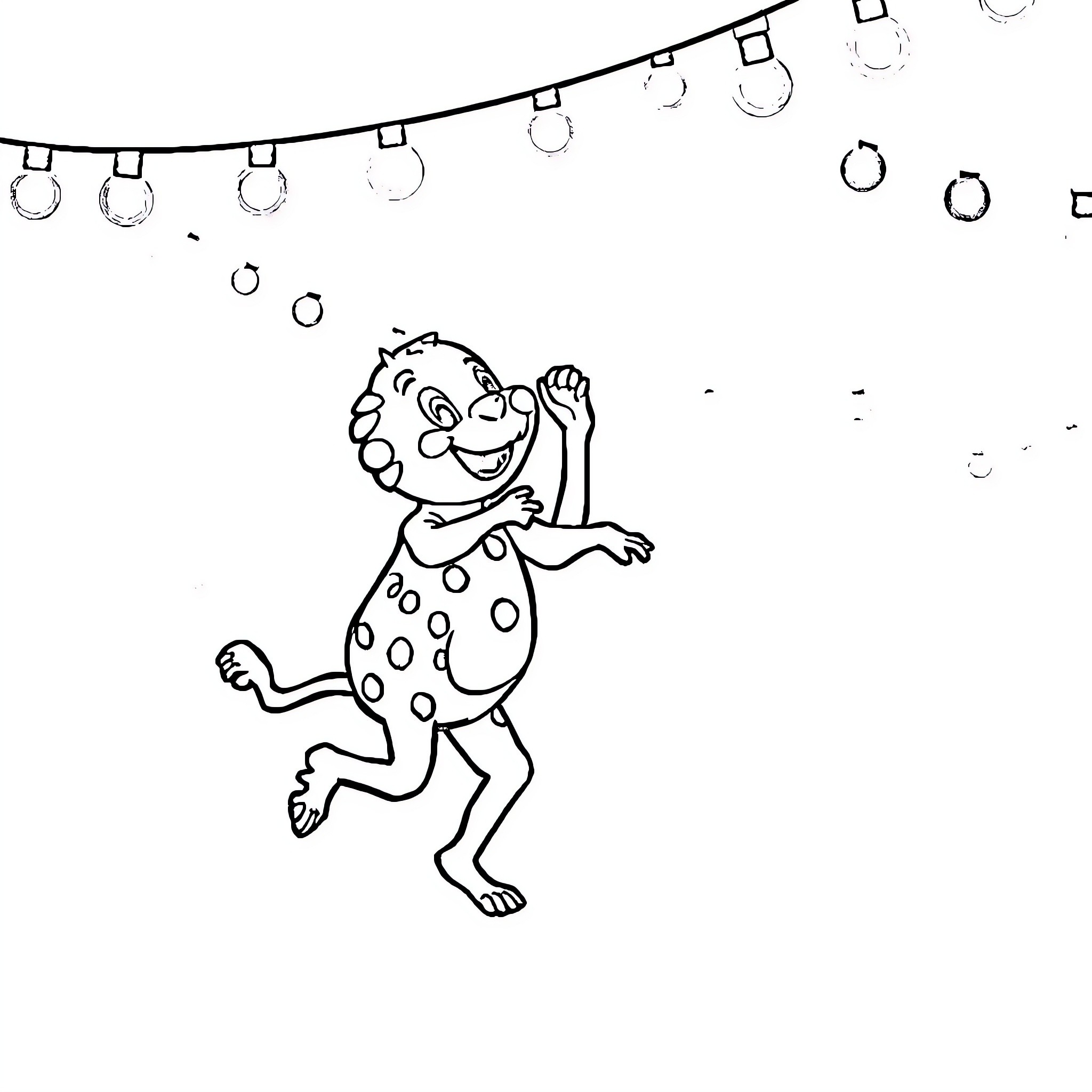 Labubu jumping happily under string lights Coloring Page (free black-and-white line drawing printable PDF for all, from beginners to advanced learners, including children, teens, adults, and seniors)