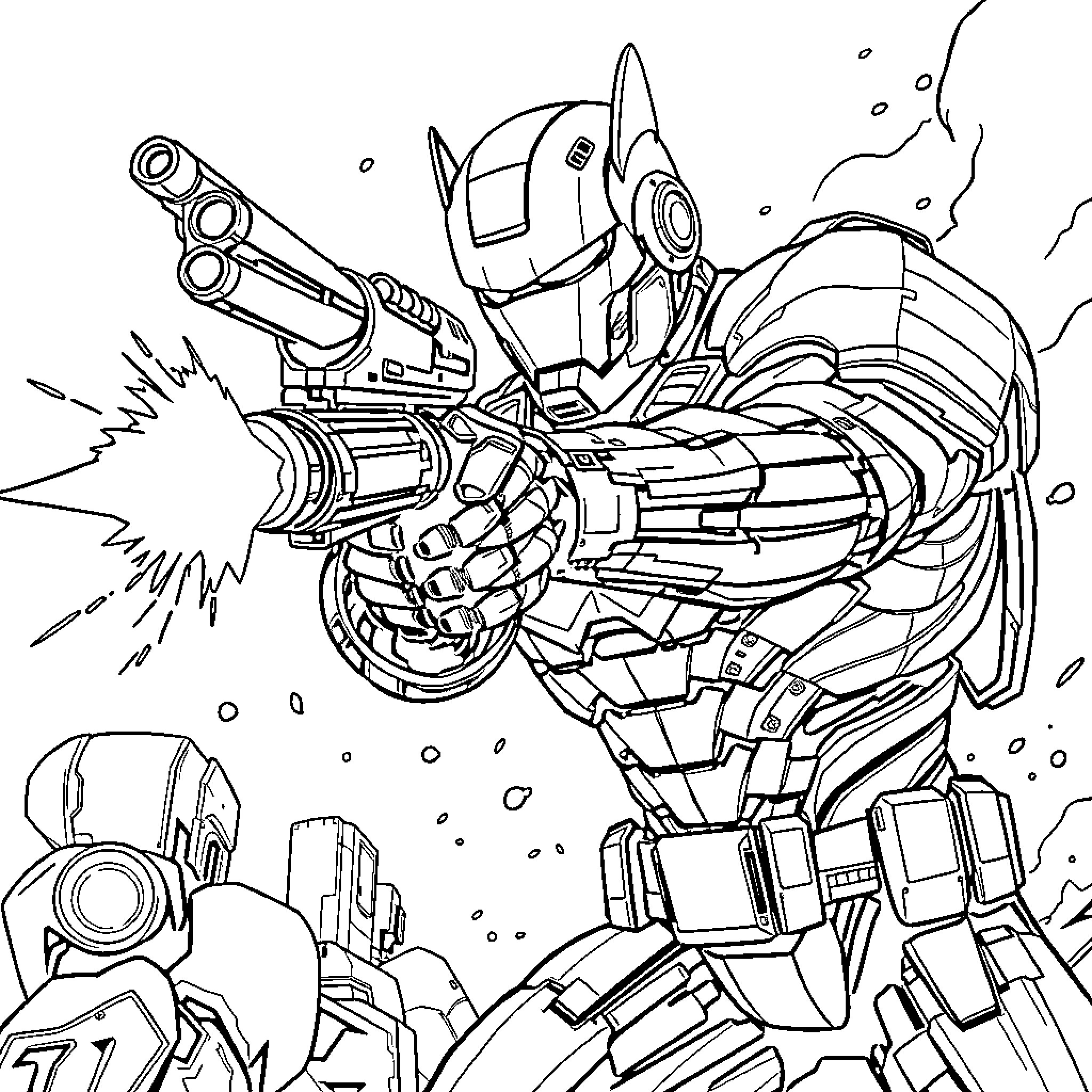 War Machine Firing High-Tech Weaponry in Battle Coloring Page (free black-and-white line drawing printable PDF for all, from beginners to advanced learners, including children, teens, adults, and seniors)