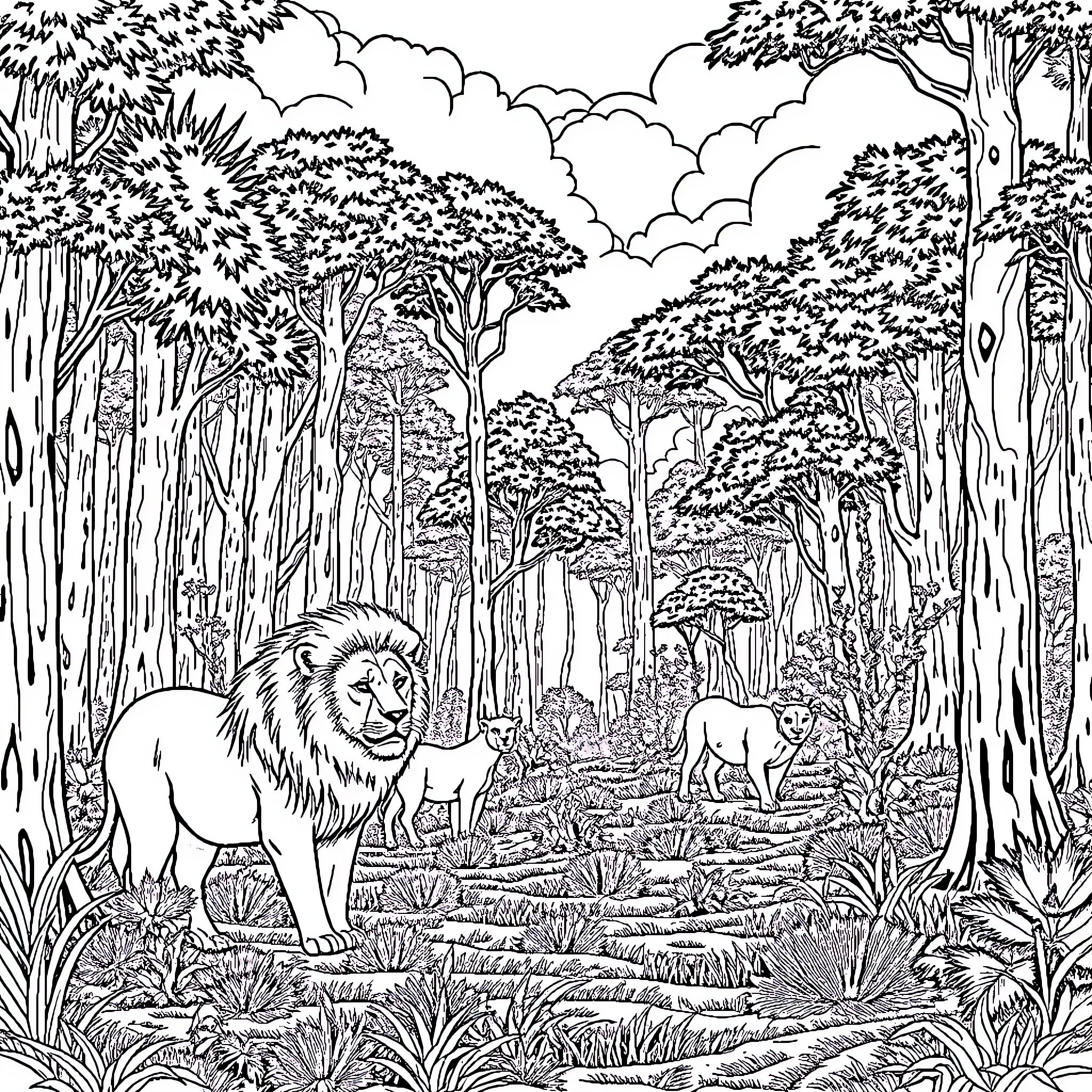 Lion exploring the lush forest habitat Coloring Page (free black-and-white line drawing printable PDF for all, from beginners to advanced learners, including children, teens, adults, and seniors)