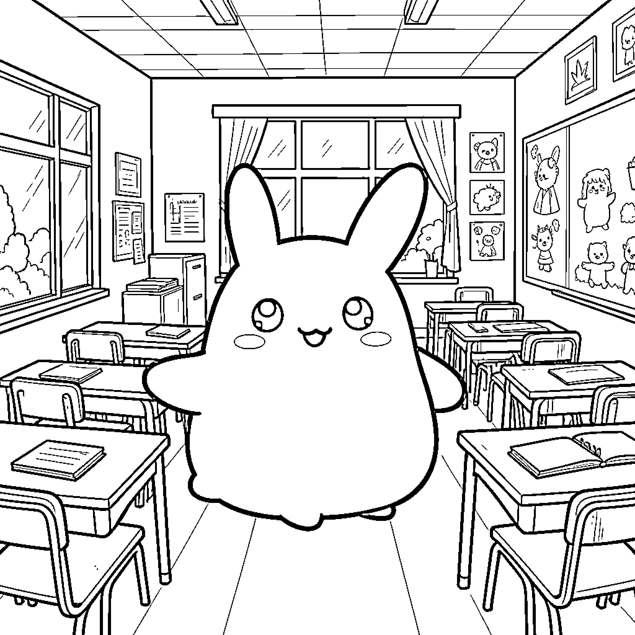 Squeeshi character standing happily in a classroom Coloring Page (free black-and-white line drawing printable PDF for all, from beginners to advanced learners, including children, teens, adults, and seniors)