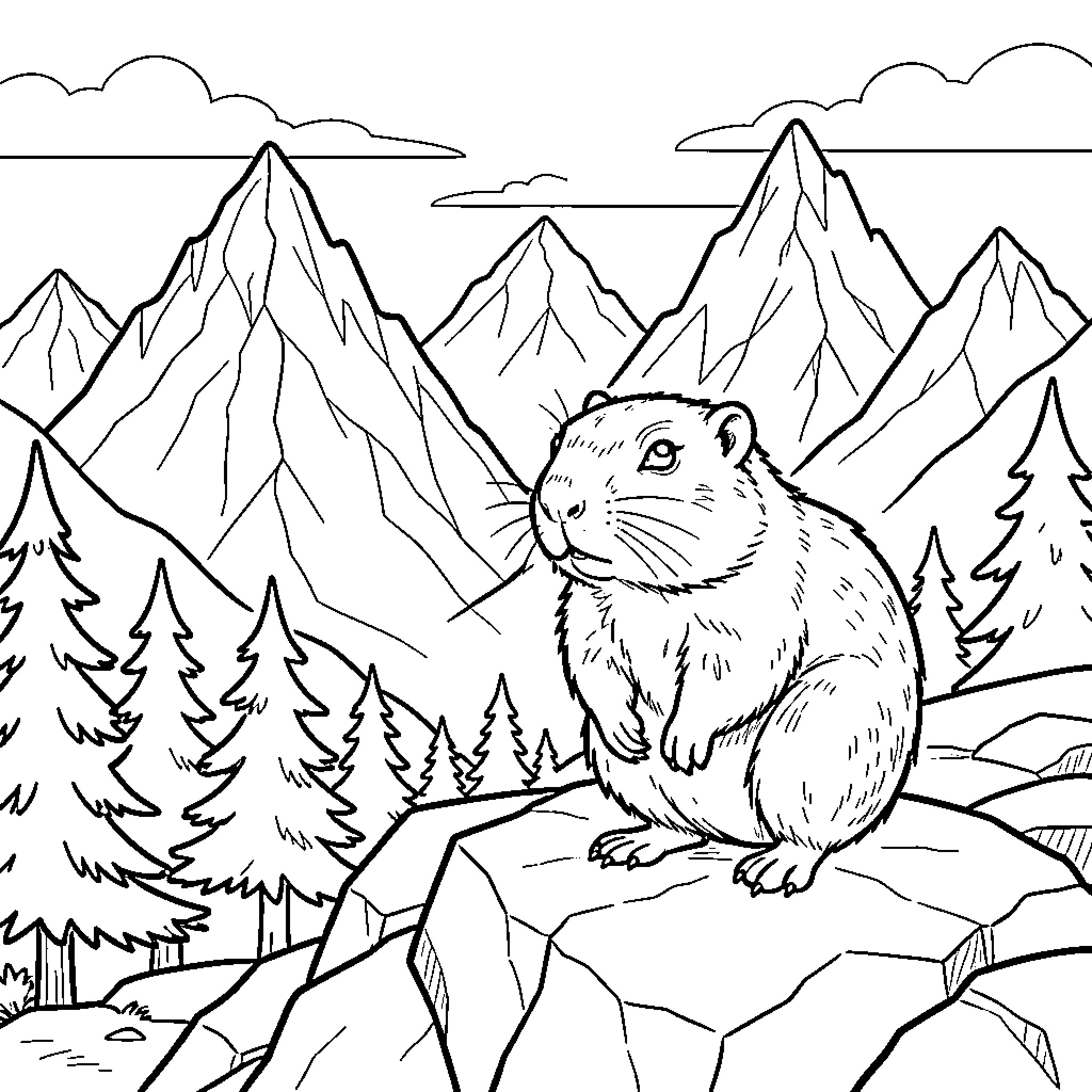 Marmot sitting alertly on a large rock Coloring Page (free black-and-white line drawing printable PDF for all, from beginners to advanced learners, including children, teens, adults, and seniors)