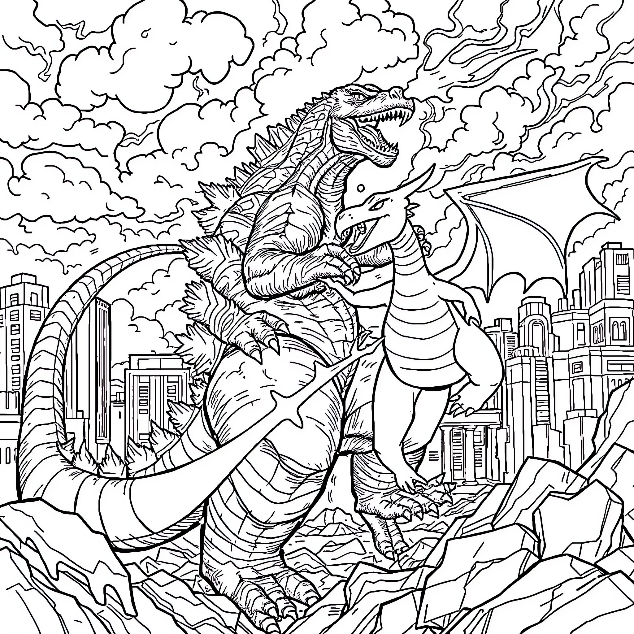 Godzilla unleashing destruction in the city Coloring Page (free black-and-white line drawing printable PDF for all, from beginners to advanced learners, including children, teens, adults, and seniors)