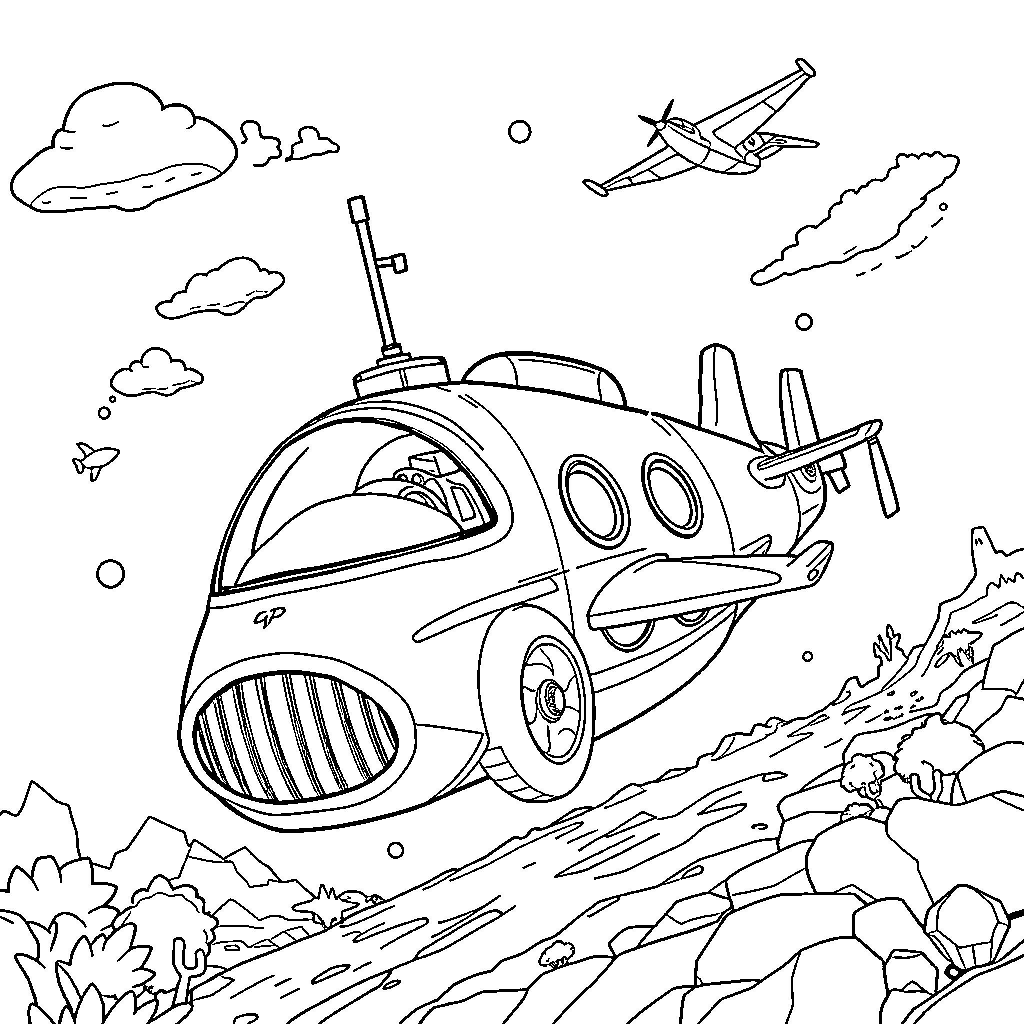 Submarine Car Plane flying over rocky landscape Coloring Page (free black-and-white line drawing printable PDF for all, from beginners to advanced learners, including children, teens, adults, and seniors)